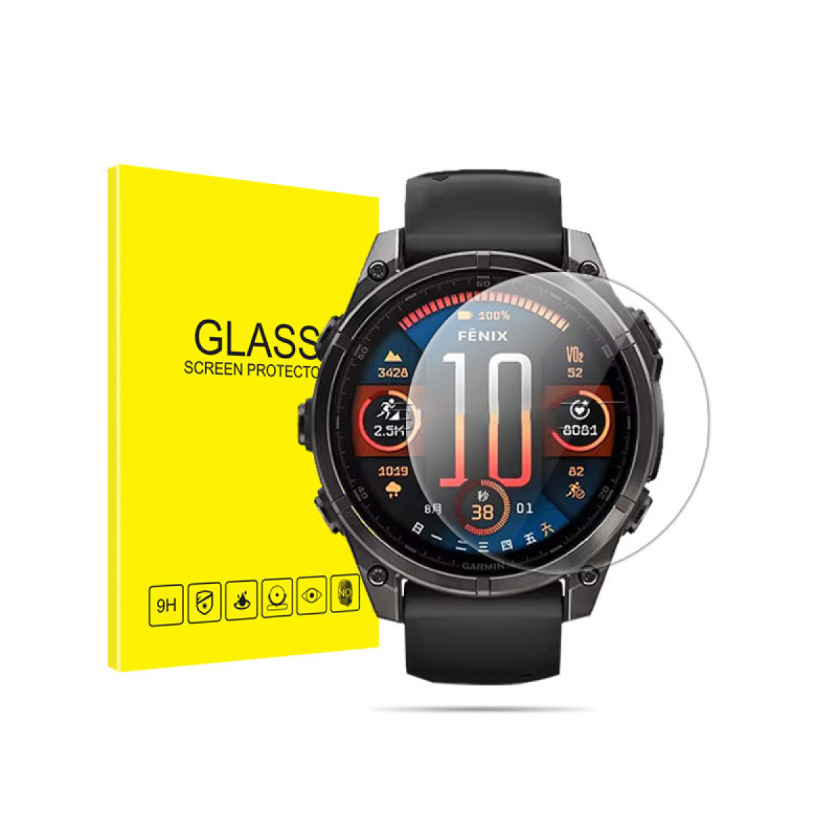 Smartwatch met een schermbeschermer. De wijzerplaat geeft gezondheidsgegevens weer zoals stappen, hartslag en datum.