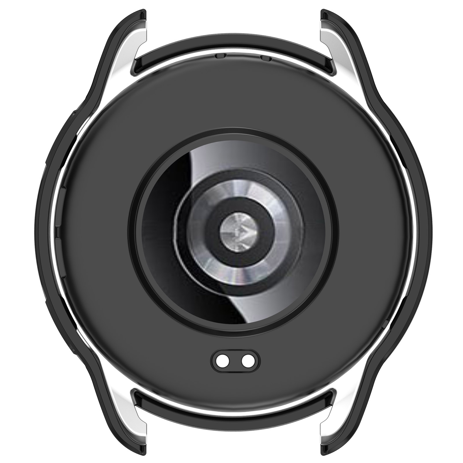 Die Rückseite einer Smartwatch, schwarz mit einem kreisförmigen Sensor und zwei kleinen weißen Punkten.