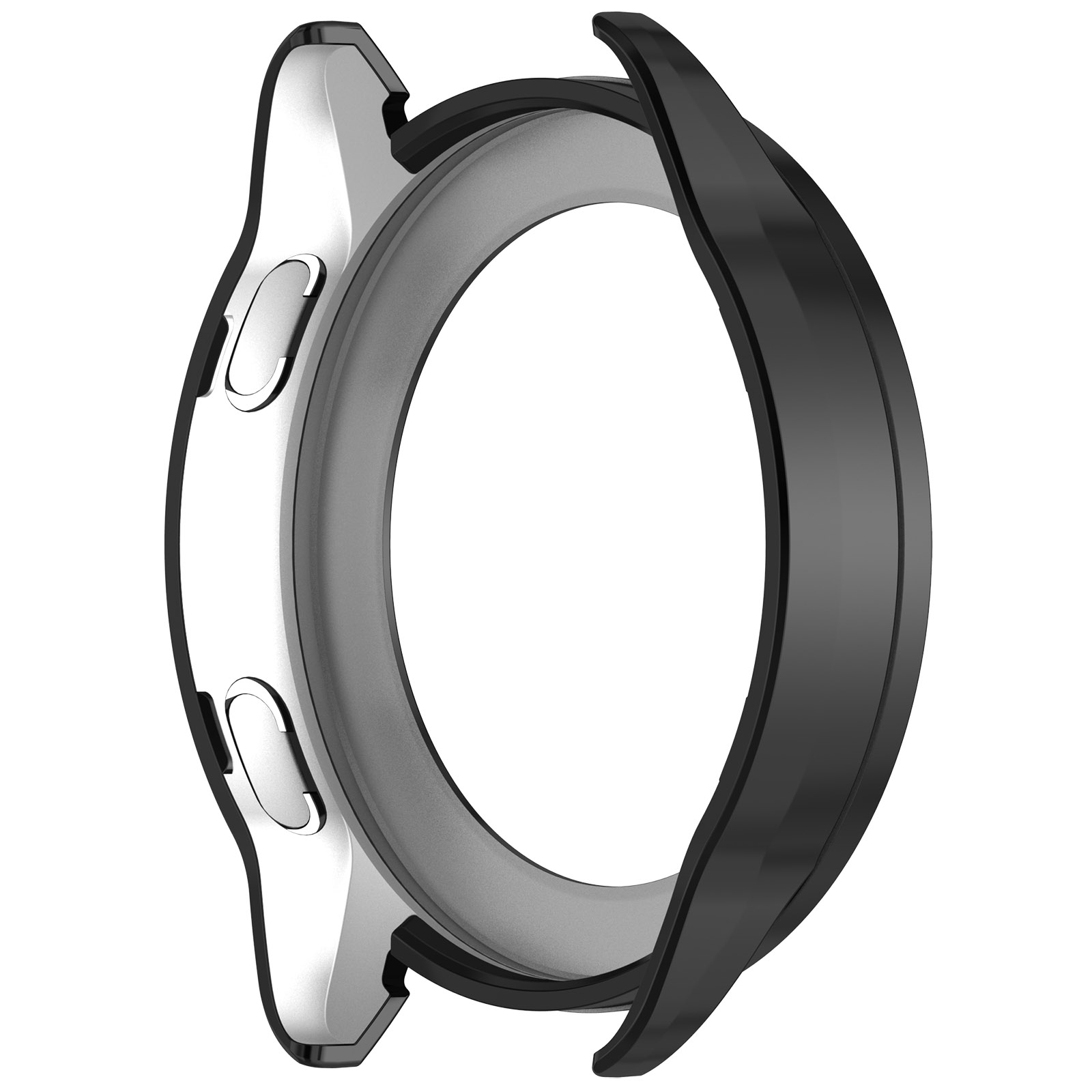 Schwarzes Smartwatch-Gehäuse, seitlich geöffnet, mit silbernen Akzenten und transparentem Innenraum.