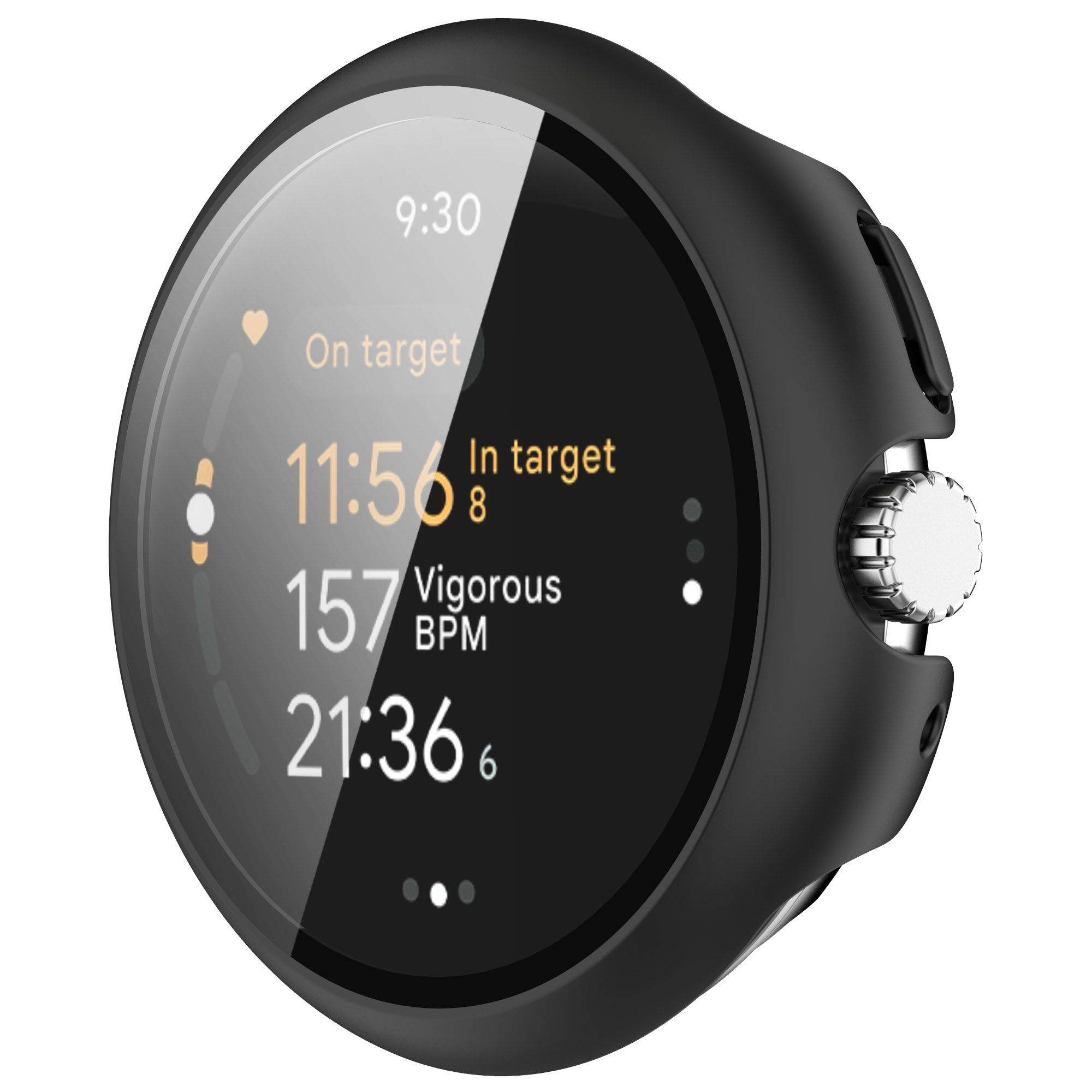 Smartwatch mit schwarzem Rahmen, der Gesundheitsmetriken wie Herzfrequenz und Zeit anzeigt.