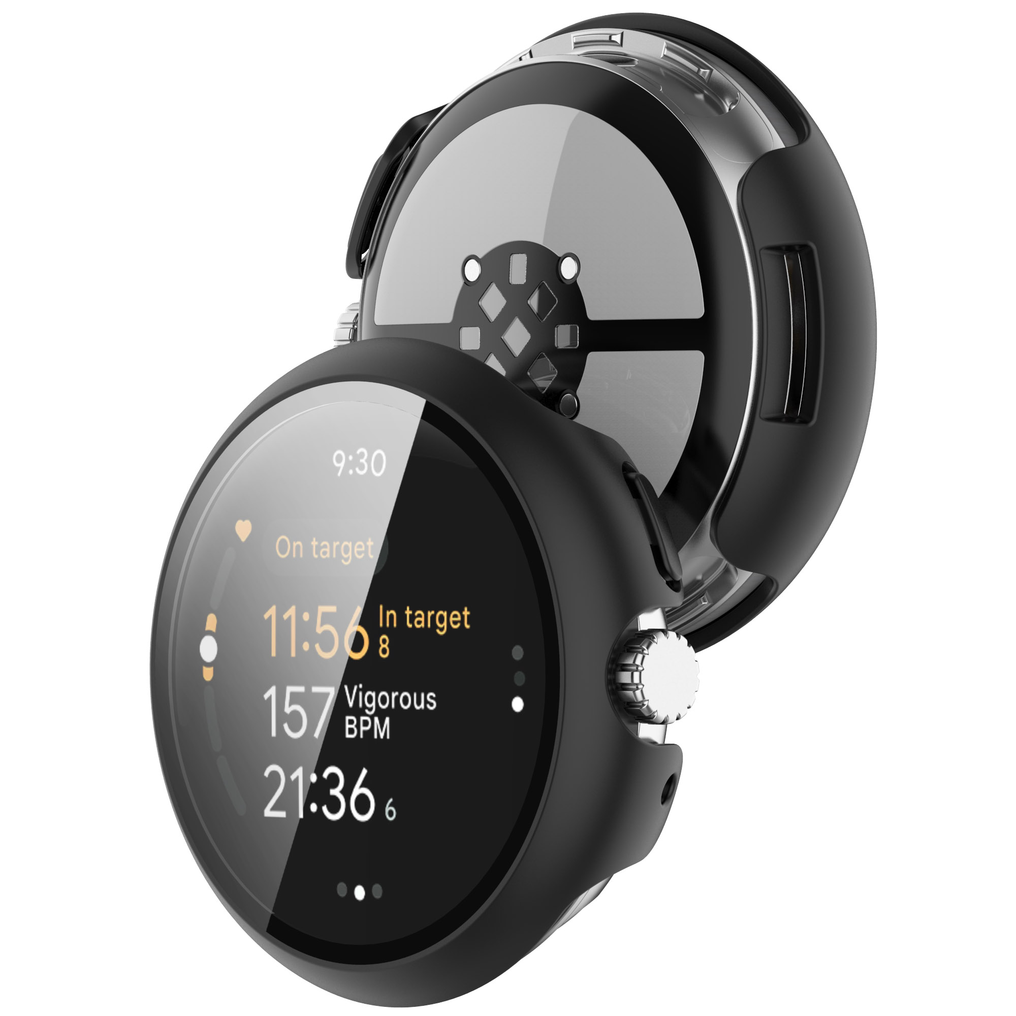 Schwarze Smartwatch mit Bildschirm, der Zeit, Herzfrequenz und Statistiken anzeigt. Eine andere Uhr dahinter.