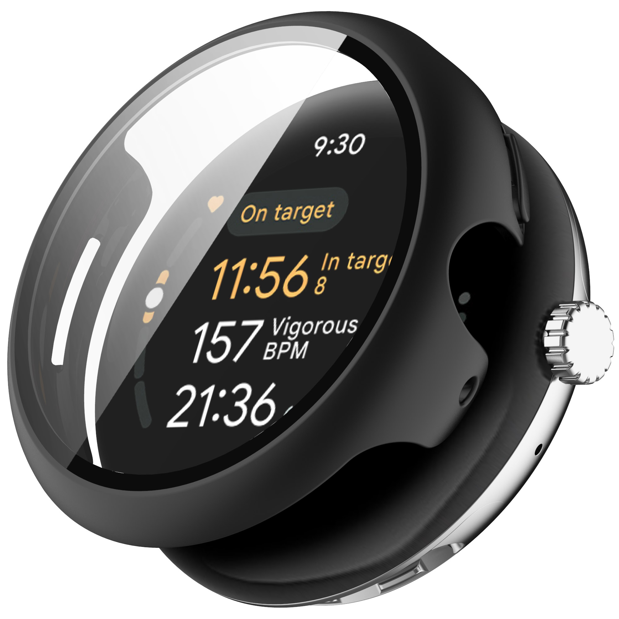 Smartwatch mit schwarzem Gehäuse und Displayschutz. Das Zifferblatt zeigt Gesundheitsmetriken: Zeit, Herzfrequenz, BPM.