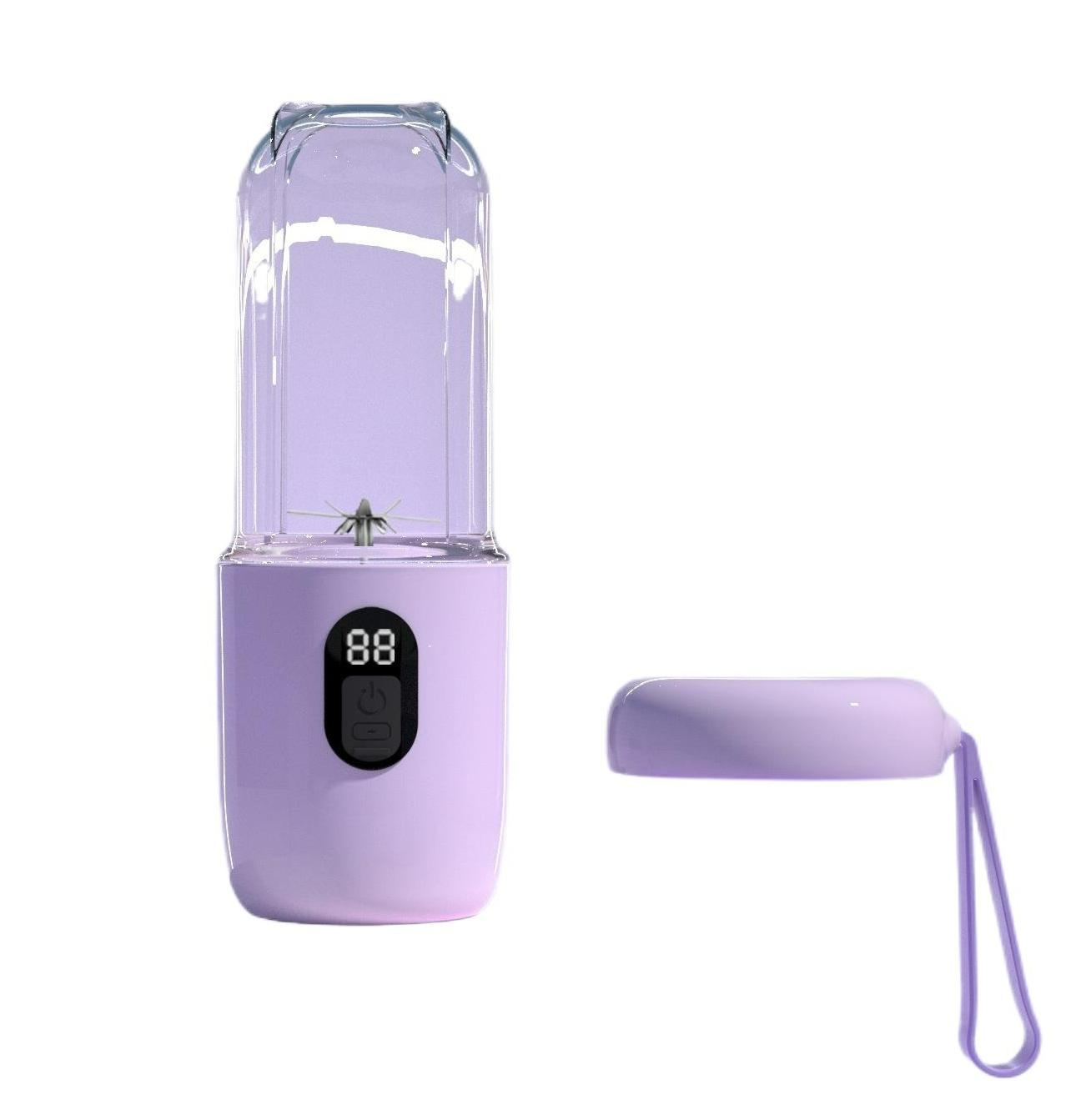 Ein tragbarer lila Mixer mit einem transparenten Behälter und einem passenden Deckel.