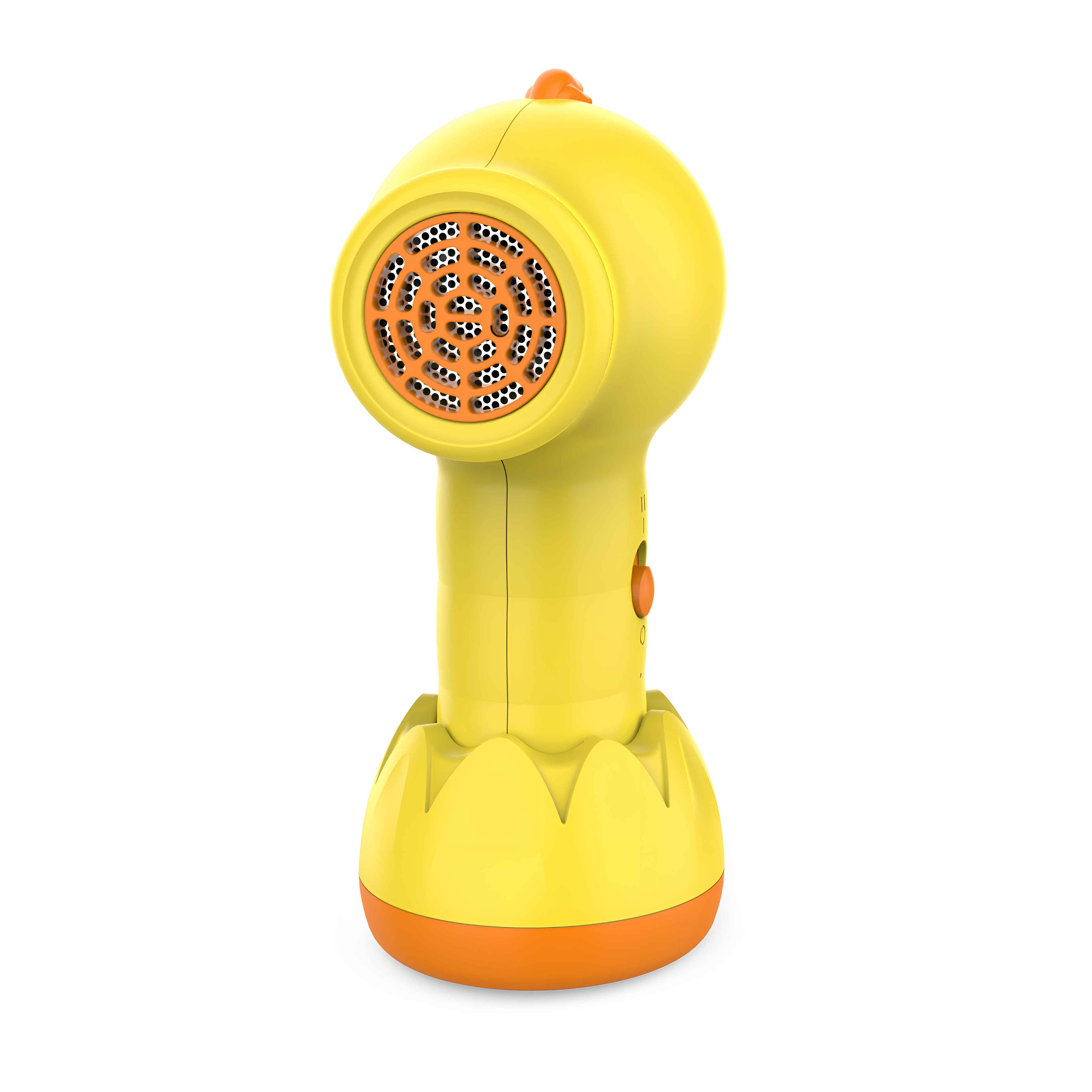Ein gelber Seifenblasenmacher in Kükenform mit orangefarbenen Akzenten.