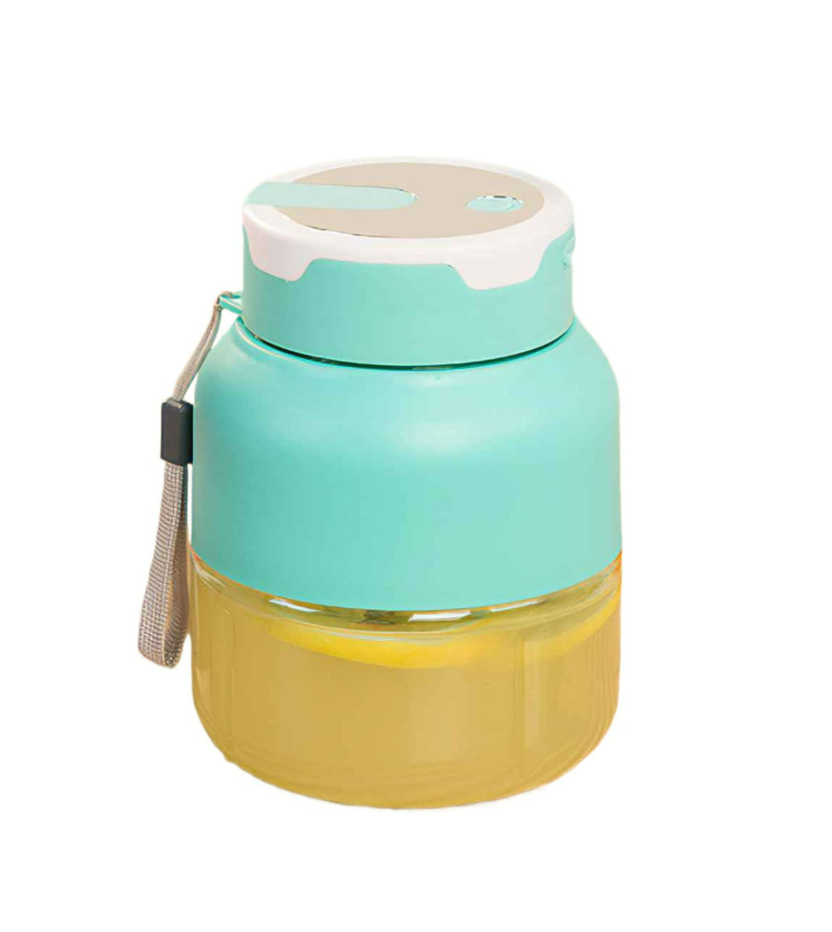 Eine türkis-weiße Isolierflasche mit Griff und gelber Flüssigkeit im Inneren.