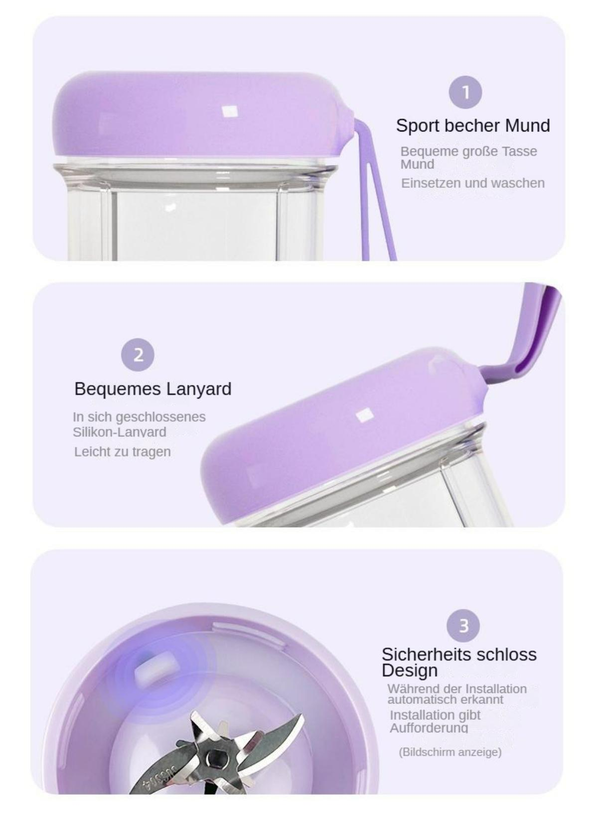 Diagramm mit Mixer-Funktionen: Mund, Schlüsselband und Sicherheitsverschluss-Design-Details.