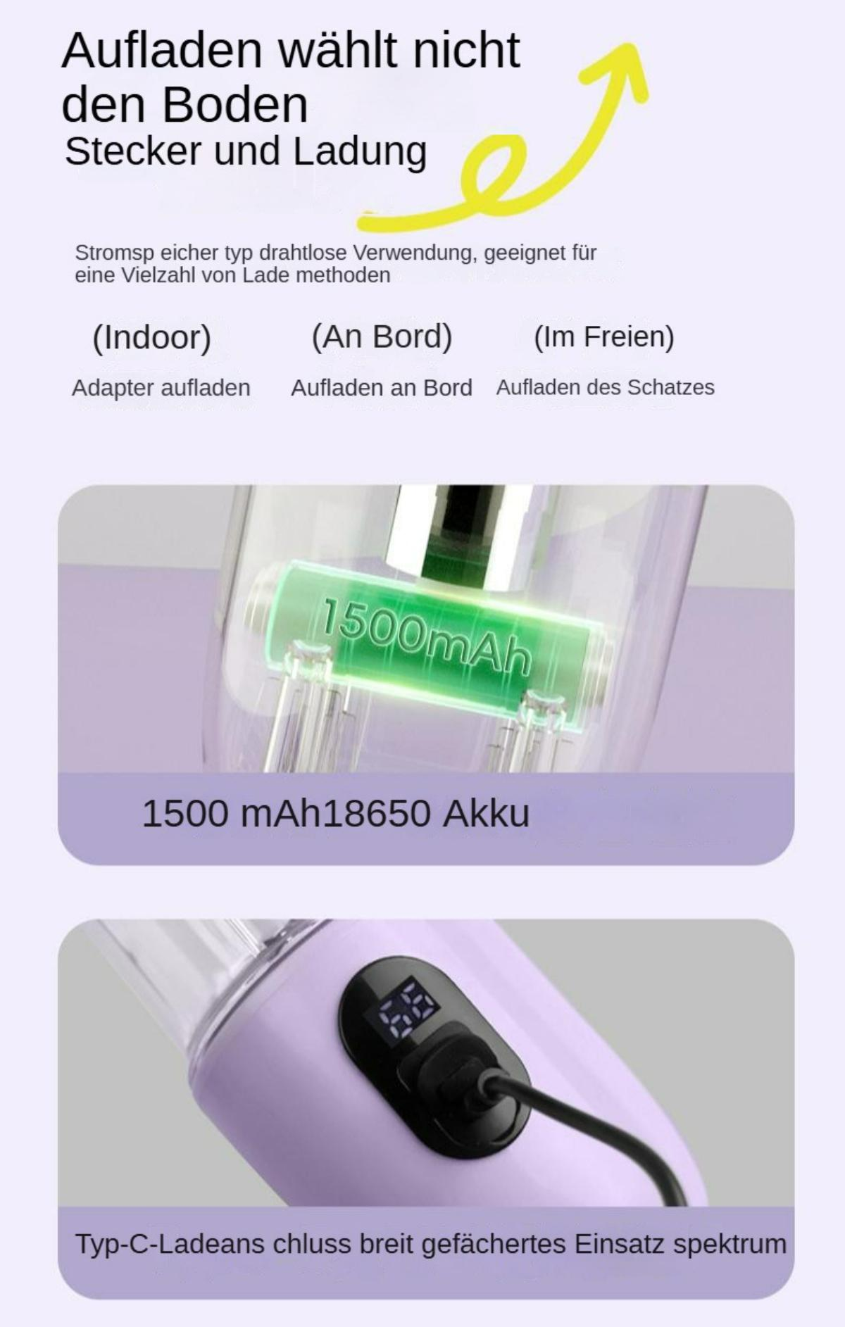 Diagramm, das Ladeoptionen und Batteriedetails für einen lila Mixer zeigt.