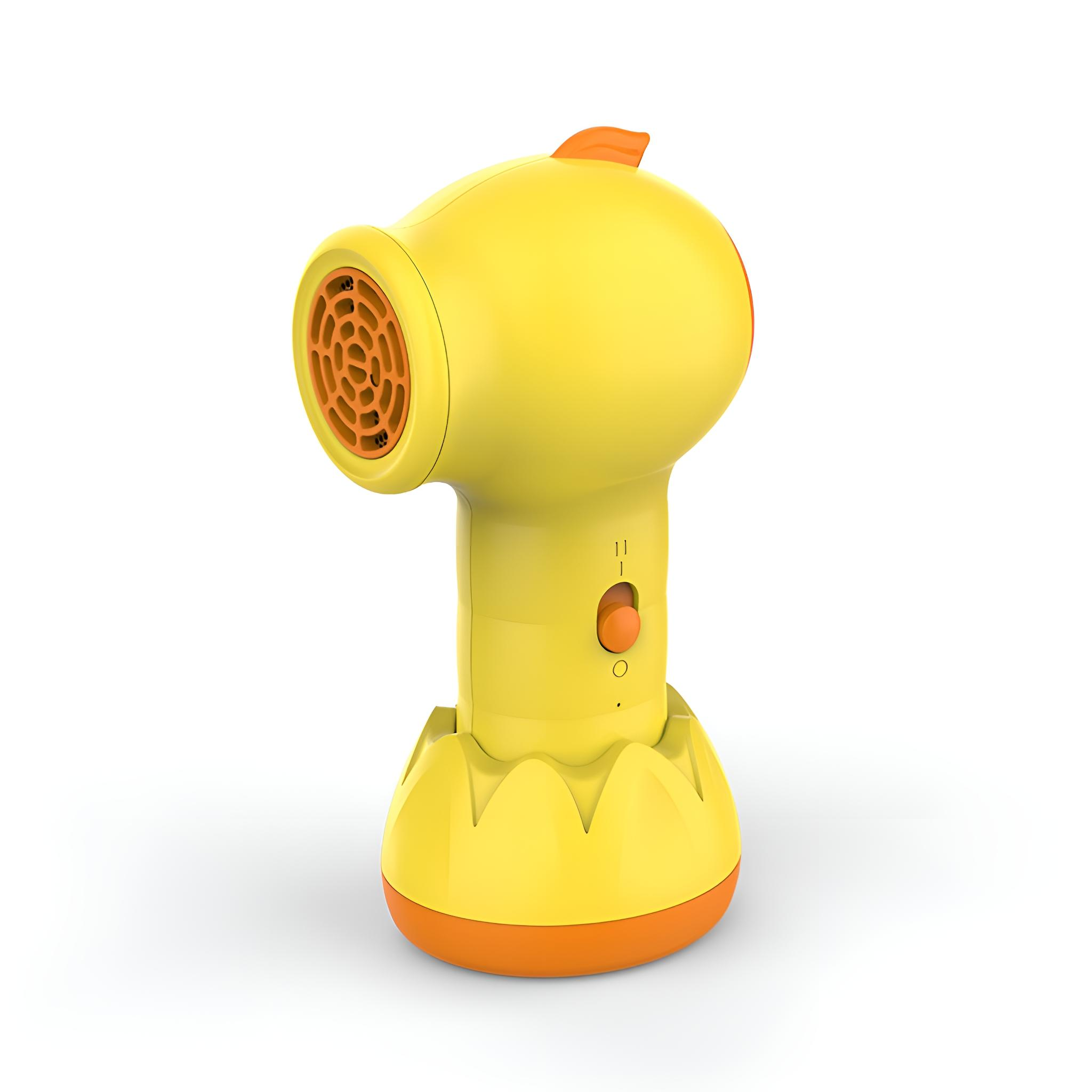 Ein gelber, entenförmiger Ventilator auf weißem Hintergrund.
