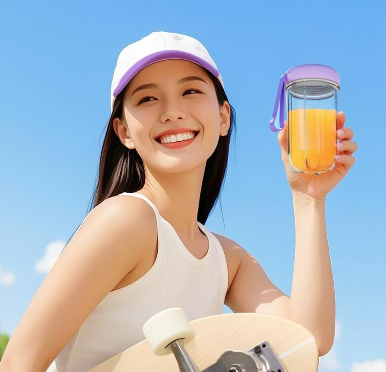 Eine Frau hält einen tragbaren Mixer mit Orangensaft, lächelt im Freien.