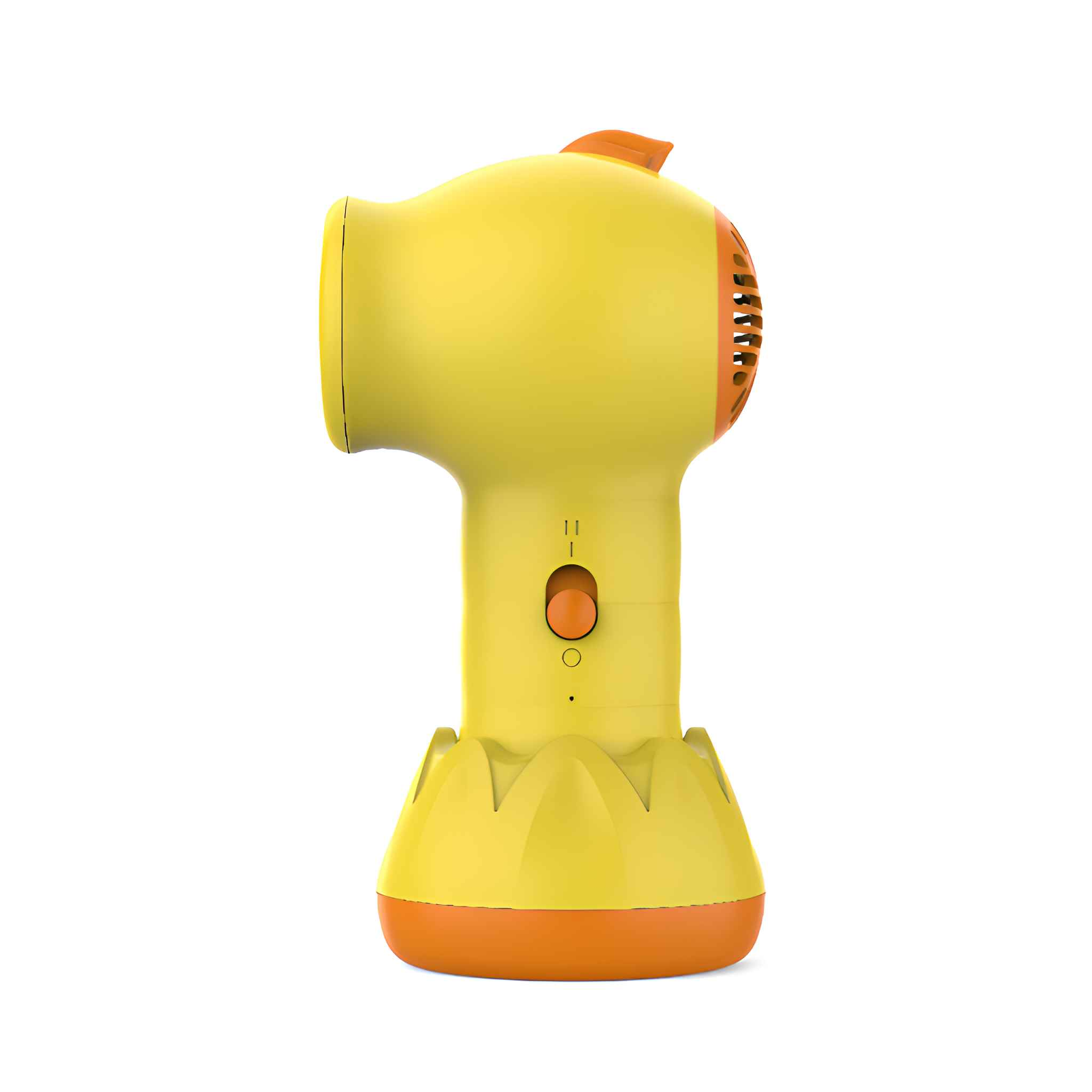 Gelb-oranger Haartrockner mit Ständer. Er hat einen Ventilator und orangefarbene Akzente. Auf weißem Grund.