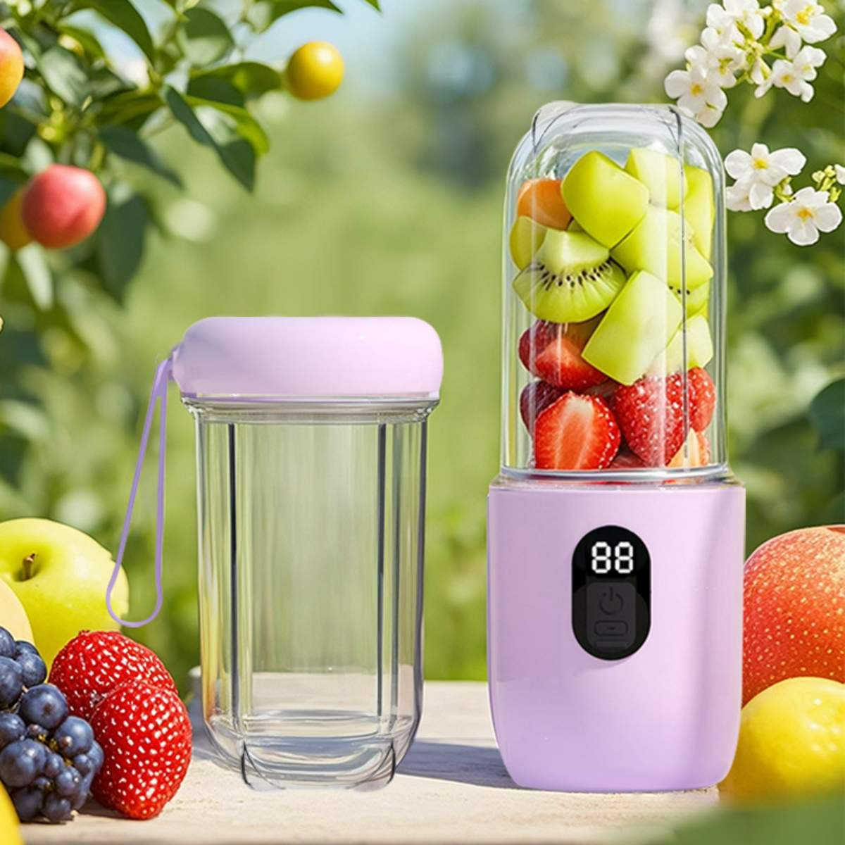 Ein rosa Mixer mit Früchten, ein klarer Behälter und ein lila Deckel auf einem Tisch.