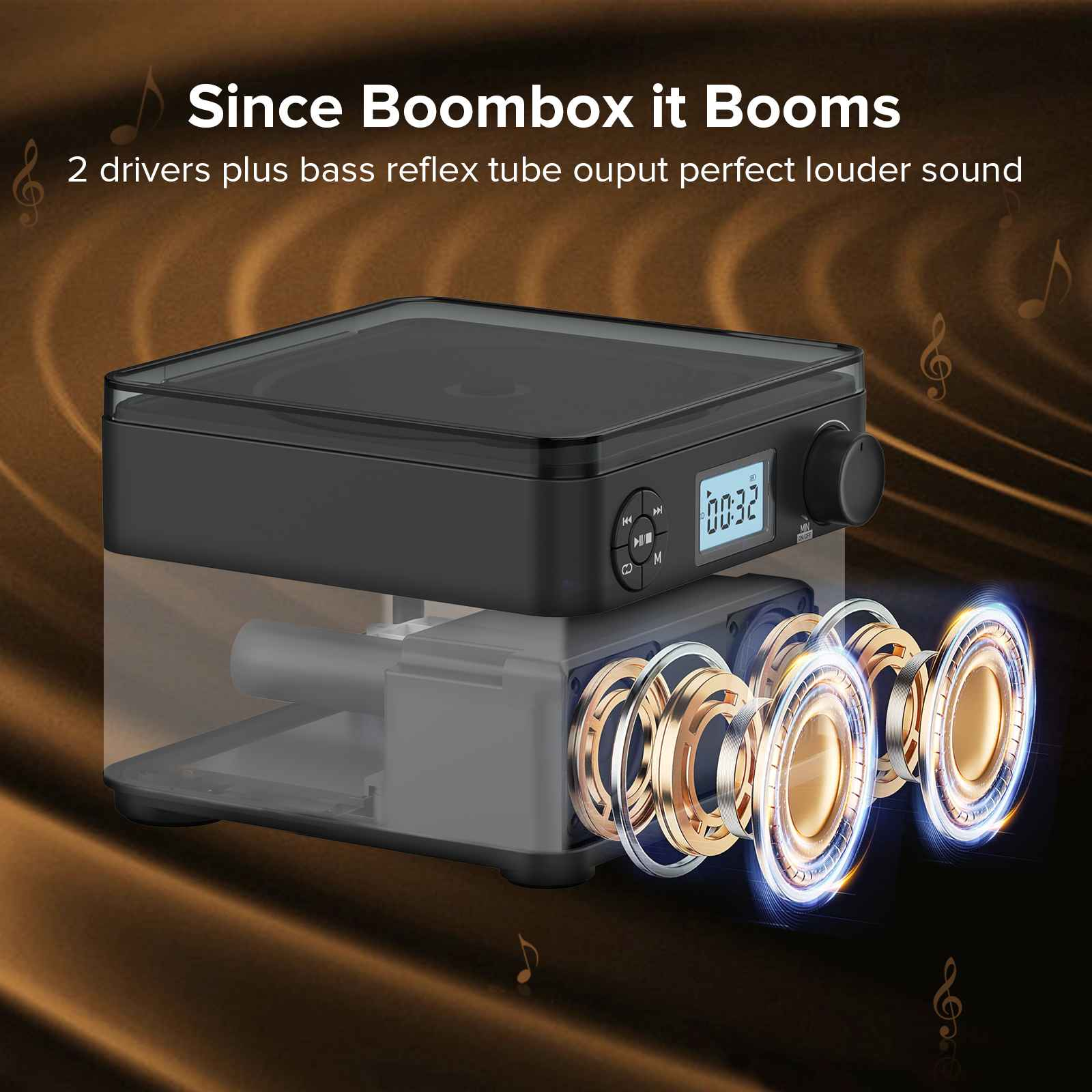 Schwarze Boombox mit leuchtenden Lautsprechern. Der Lautsprecher hat ein Display mit der Anzeige 00:32. Musiknoten sind herum.