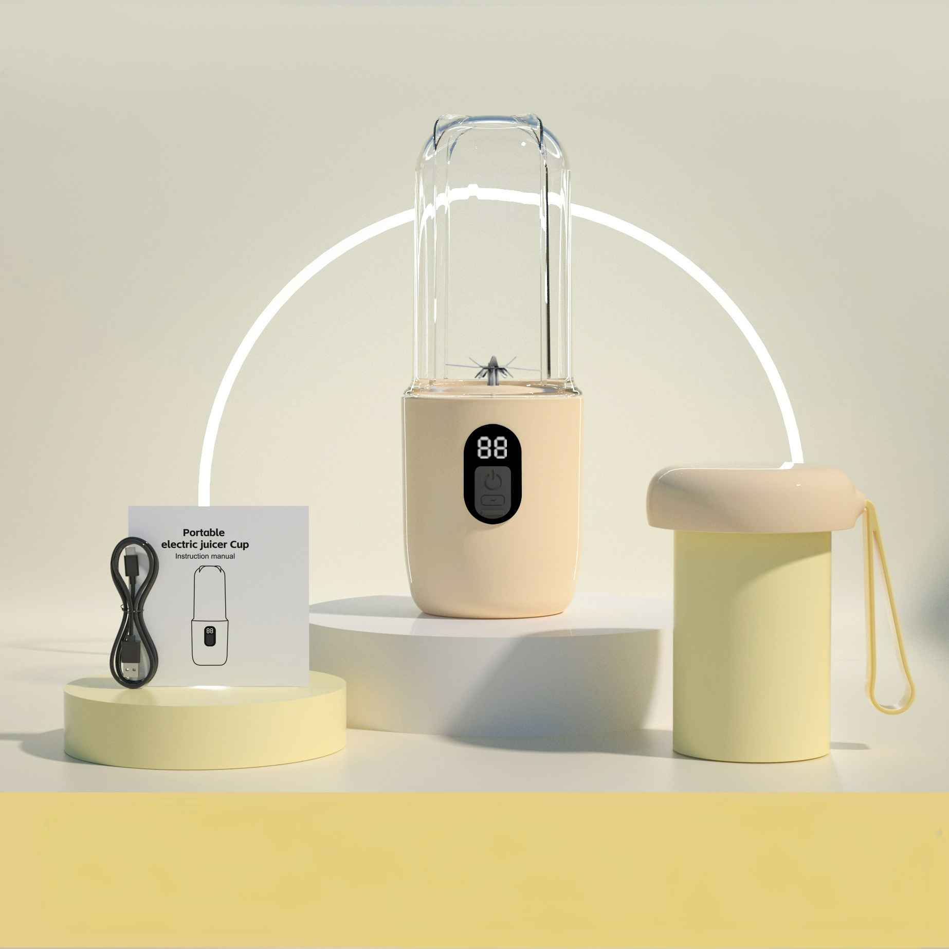 Beiger Mixer, Bedienungsanleitung, Zylinderbecher mit gelbem Deckel und USB-Kabel.