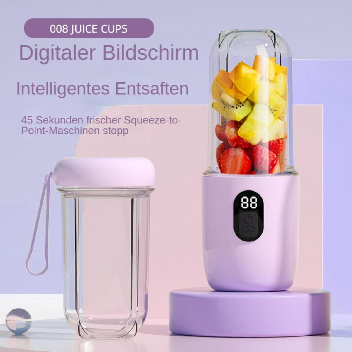 Ein Mixer mit Früchten und eine separate Tasse. Der Mixer ist lila, mit einem Display.