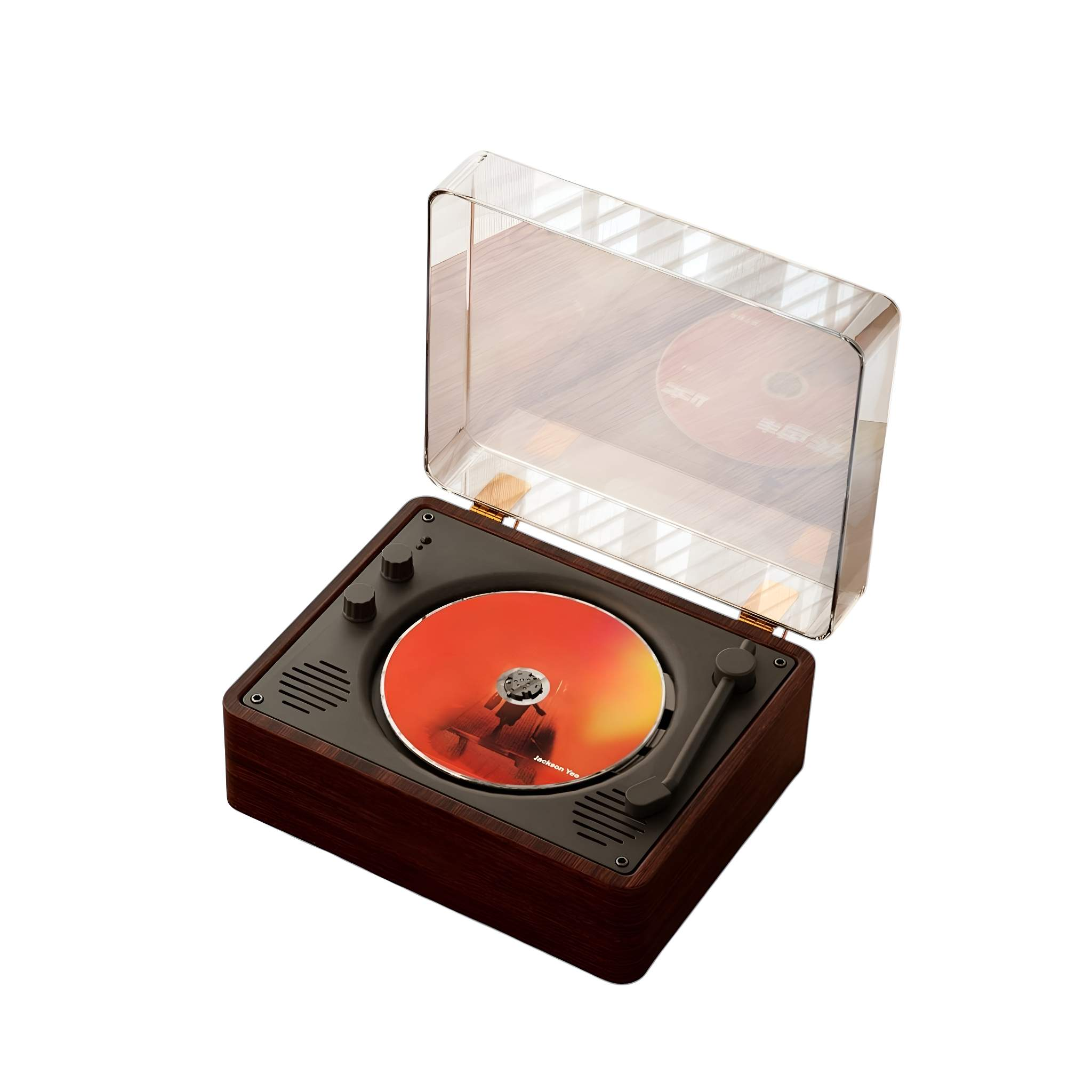 Ein Plattenspieler mit CD. Holzgehäuse, transparenter Deckel, rote CD sichtbar.