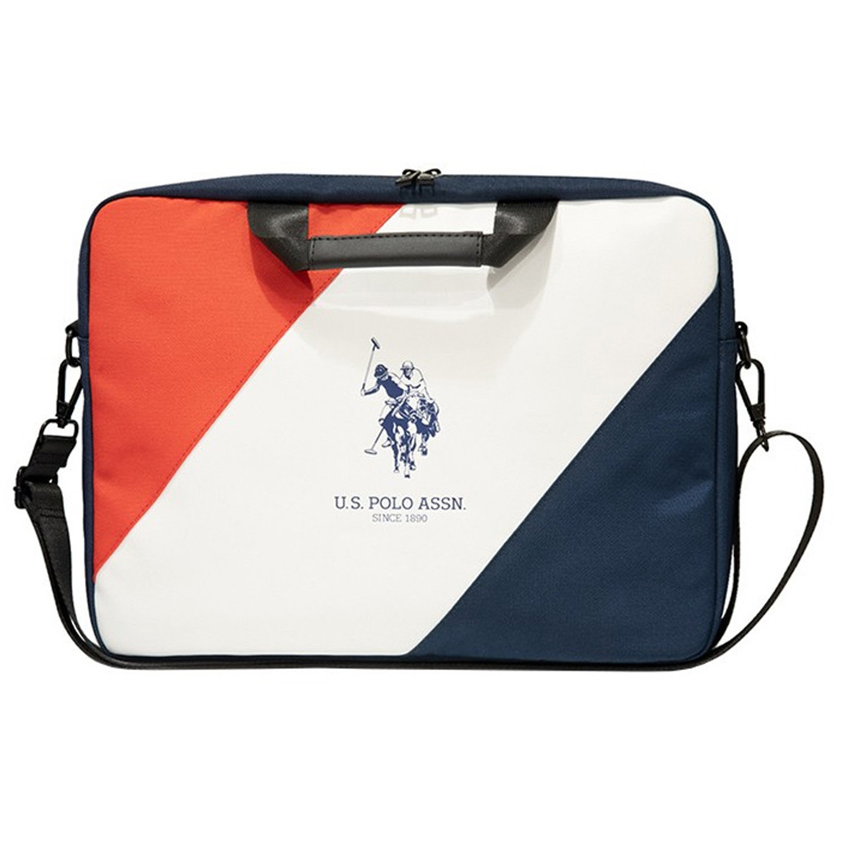 Borsa per laptop con pannelli rossi e bianchi, e un pannello blu navy. Logo U.S. Polo Assn.