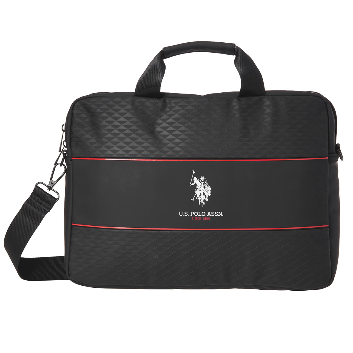 Eine schwarze US Polo Assn. Laptoptasche mit roten Streifen und Logo. Die Tasche hat einen Griff und einen schwarzen Schultergurt.