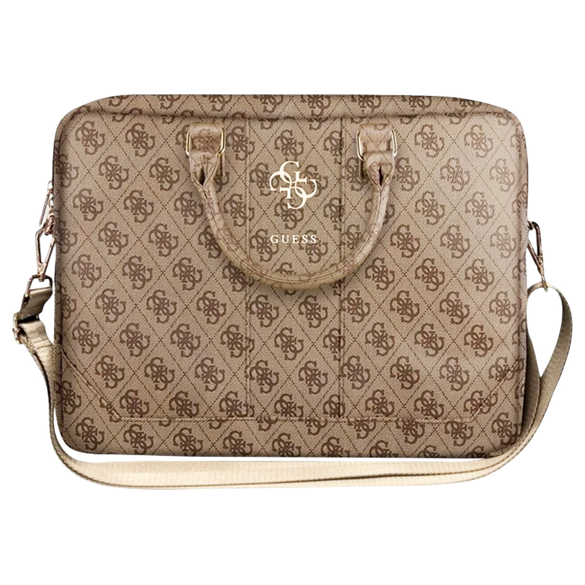 Brązowa torba na laptopa z wzorem na całej powierzchni i uchwytem. Widoczne logo GUESS.