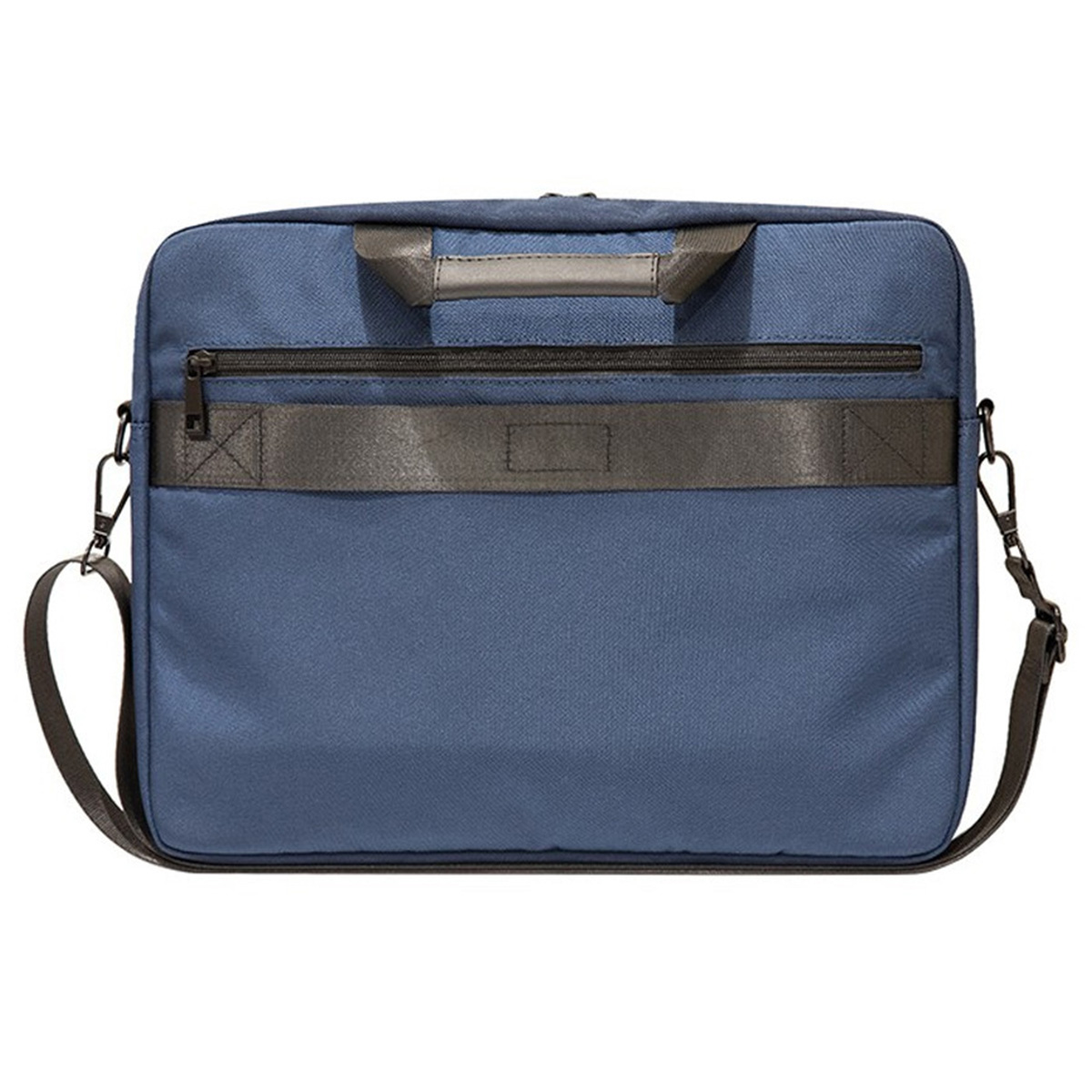 Una borsa per laptop blu con tracolla e manico neri. La borsa ha una cerniera nera e una striscia grigia sul davanti.