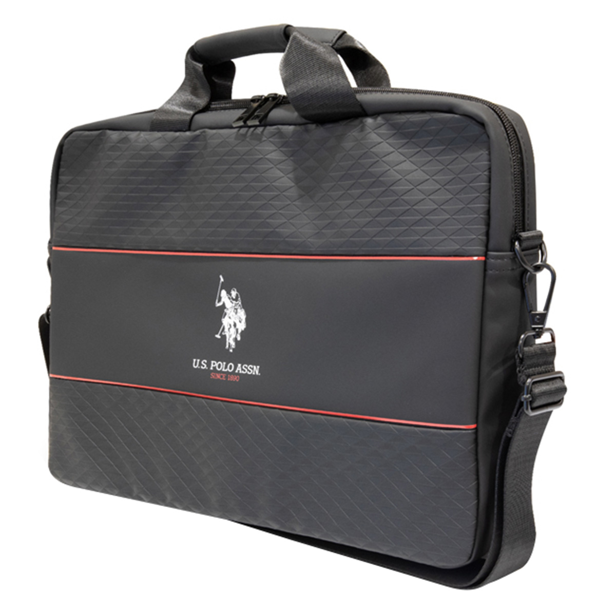 Eine schwarze U.S. Polo Assn Laptoptasche mit Griff und Schulterriemen. Hat einen roten Streifen.