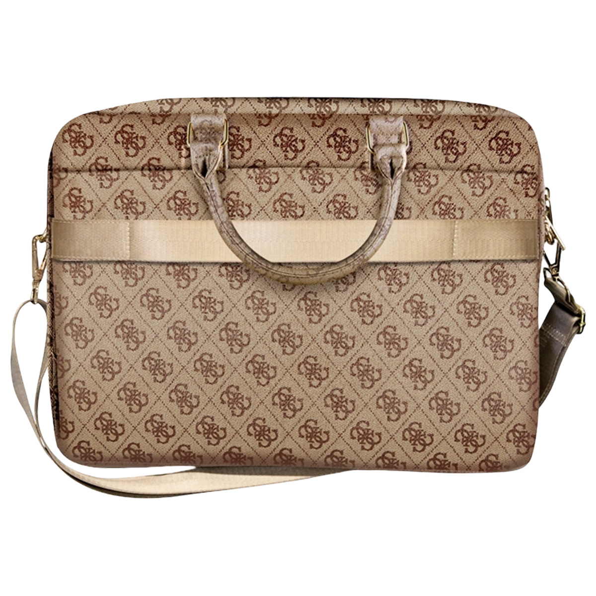 Brązowa torba na laptopa Guess z powtarzającym się wzorem logo. Ma uchwyt i pasek na ramię. Tło jest białe.