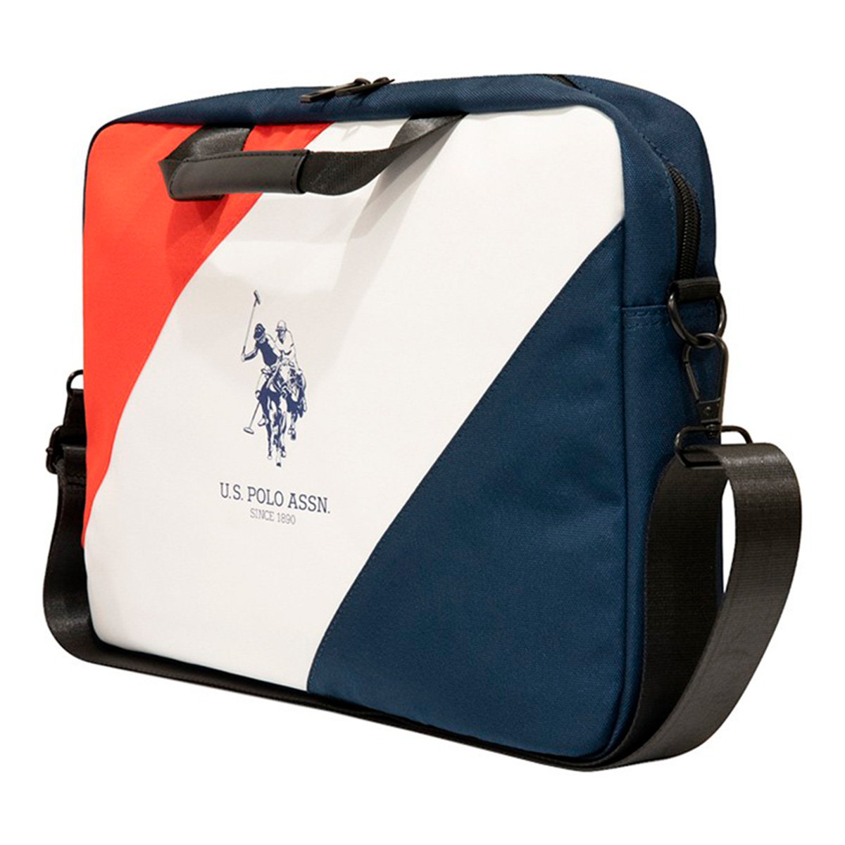 Una borsa a tracolla US Polo Assn. blu navy, bianca e rossa. Ha una tracolla nera e un logo bianco sul davanti.