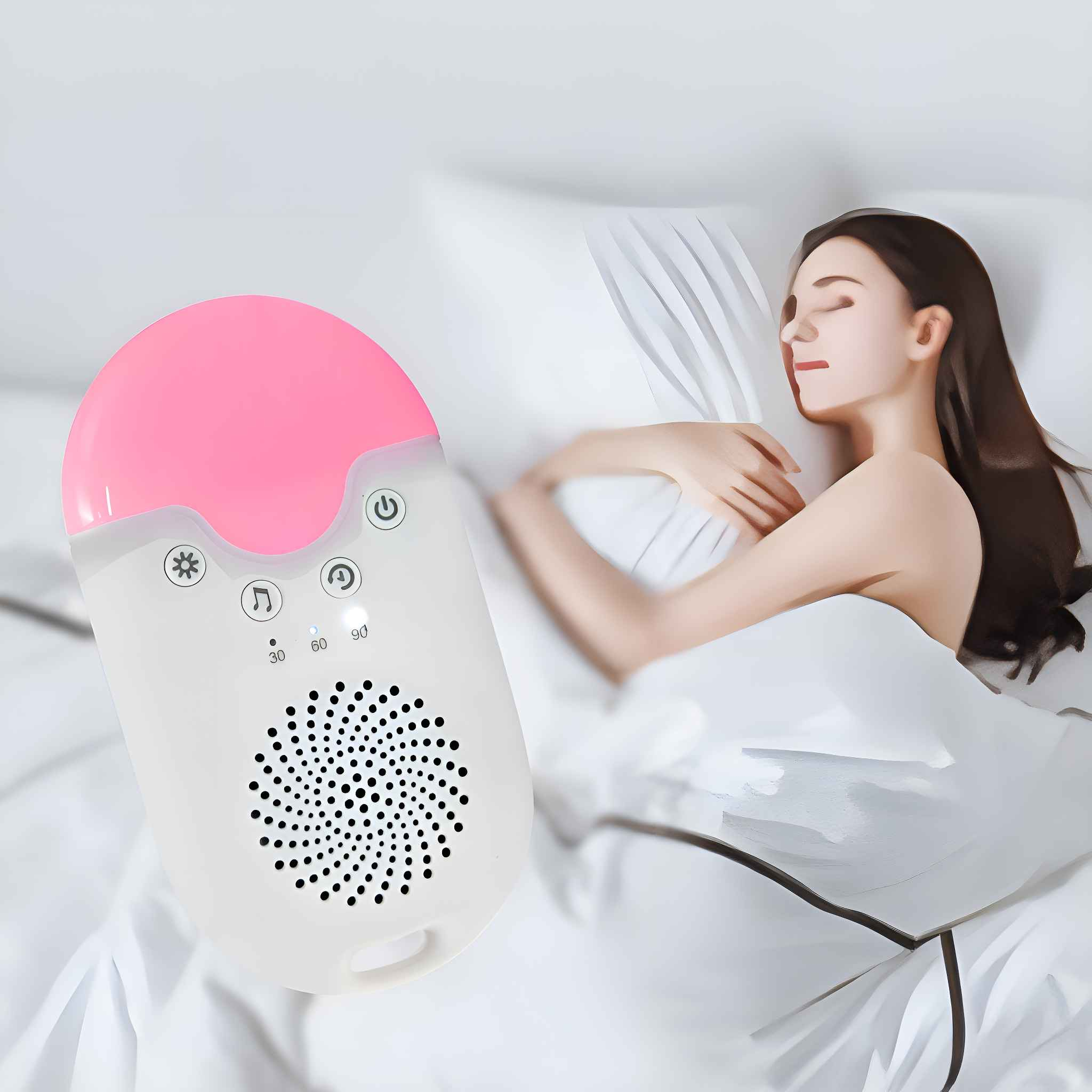 Eine schlafende Frau im Bett mit einem weißen und rosa Geräuschgerät neben sich. Das Gerät hat Knöpfe und einen Lautsprecher.