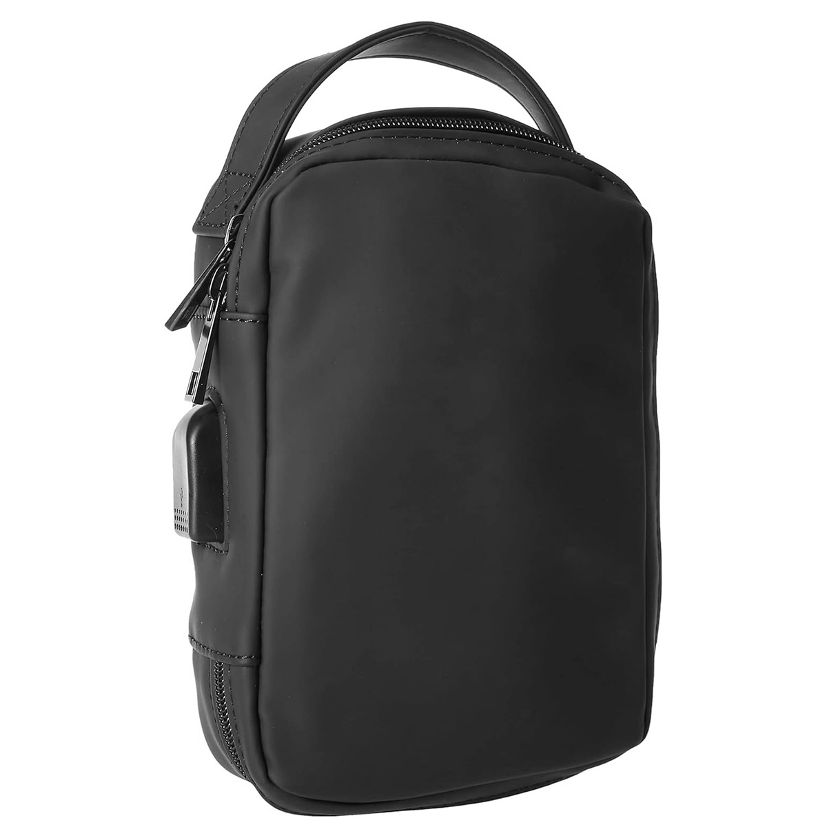 Eine schwarze Tasche mit Griff und einem Anschluss zum Anschließen eines USB-Kabels.