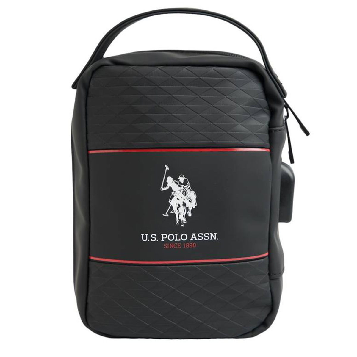 Schwarze Tasche mit Logo und Griff, rote Akzente. US Polo Assn Logo.