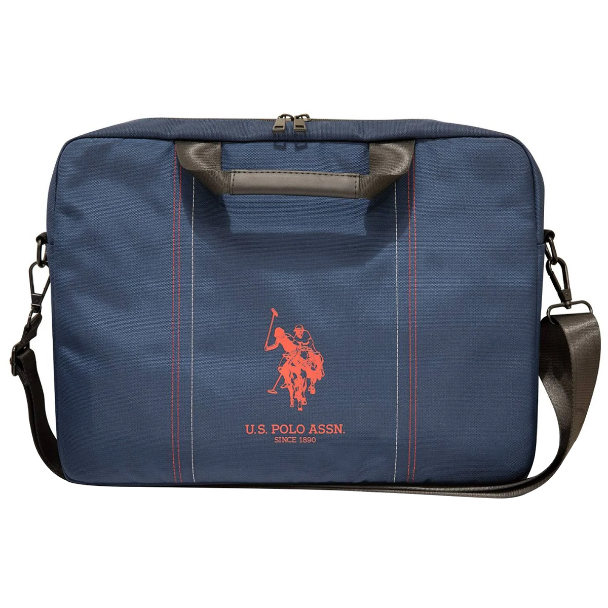 Borsa messenger blu con logo. Manico e tracolla marroni. Logo U.S. Polo Assn.