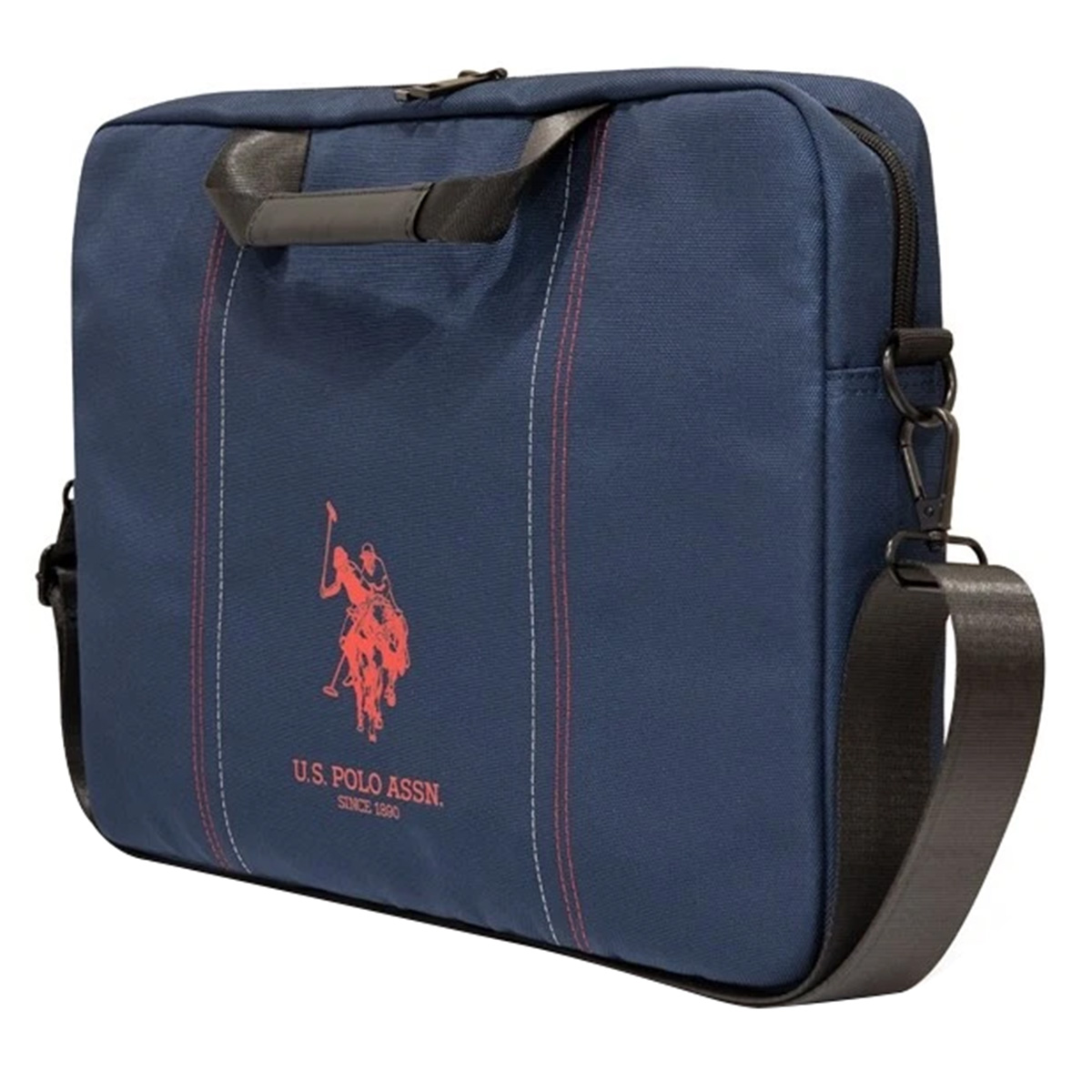 Una ventiquattrore blu navy US Polo Assn. con manico, cinturino e logo.