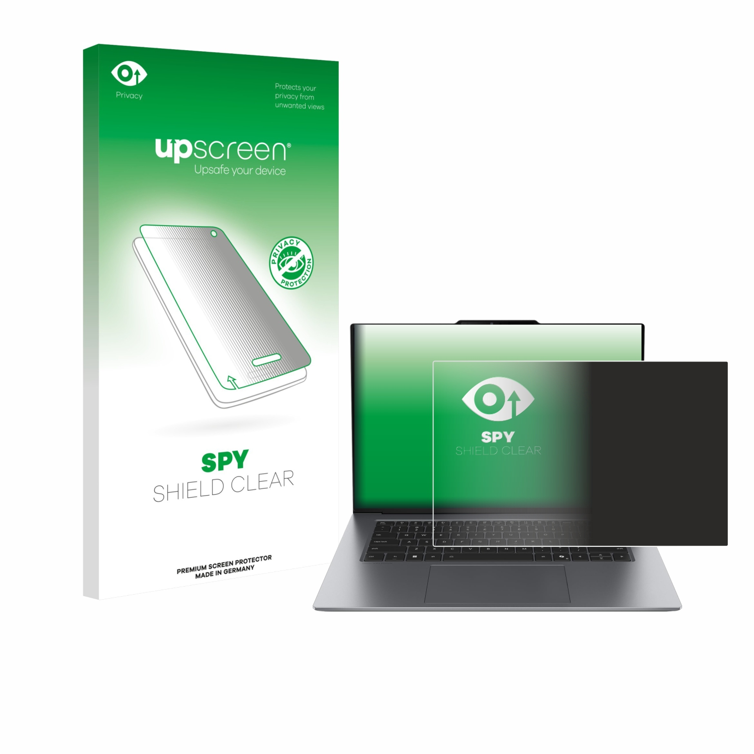 Ein Laptop und ein Displayschutz sind abgebildet. Die Verpackung ist weiß und grün, der Bildschirm ist dunkel.