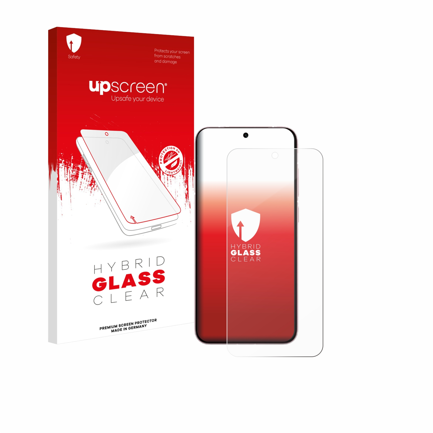 Ein Telefon mit klarer Displayschutzfolie und eine Box auf weißem Hintergrund.