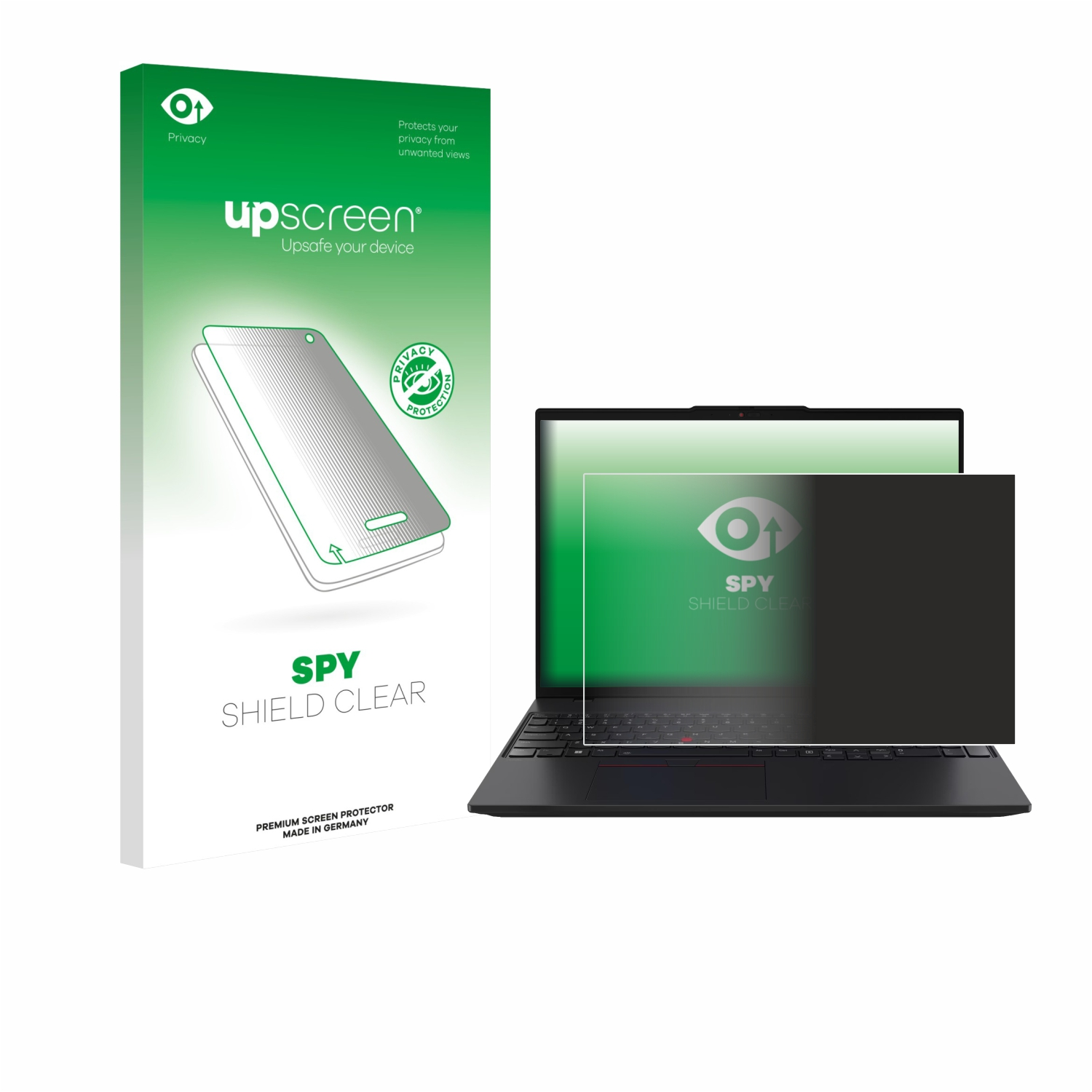 Laptop mit Sichtschutz und Verpackung. Grünes Thema, Augenlogo.