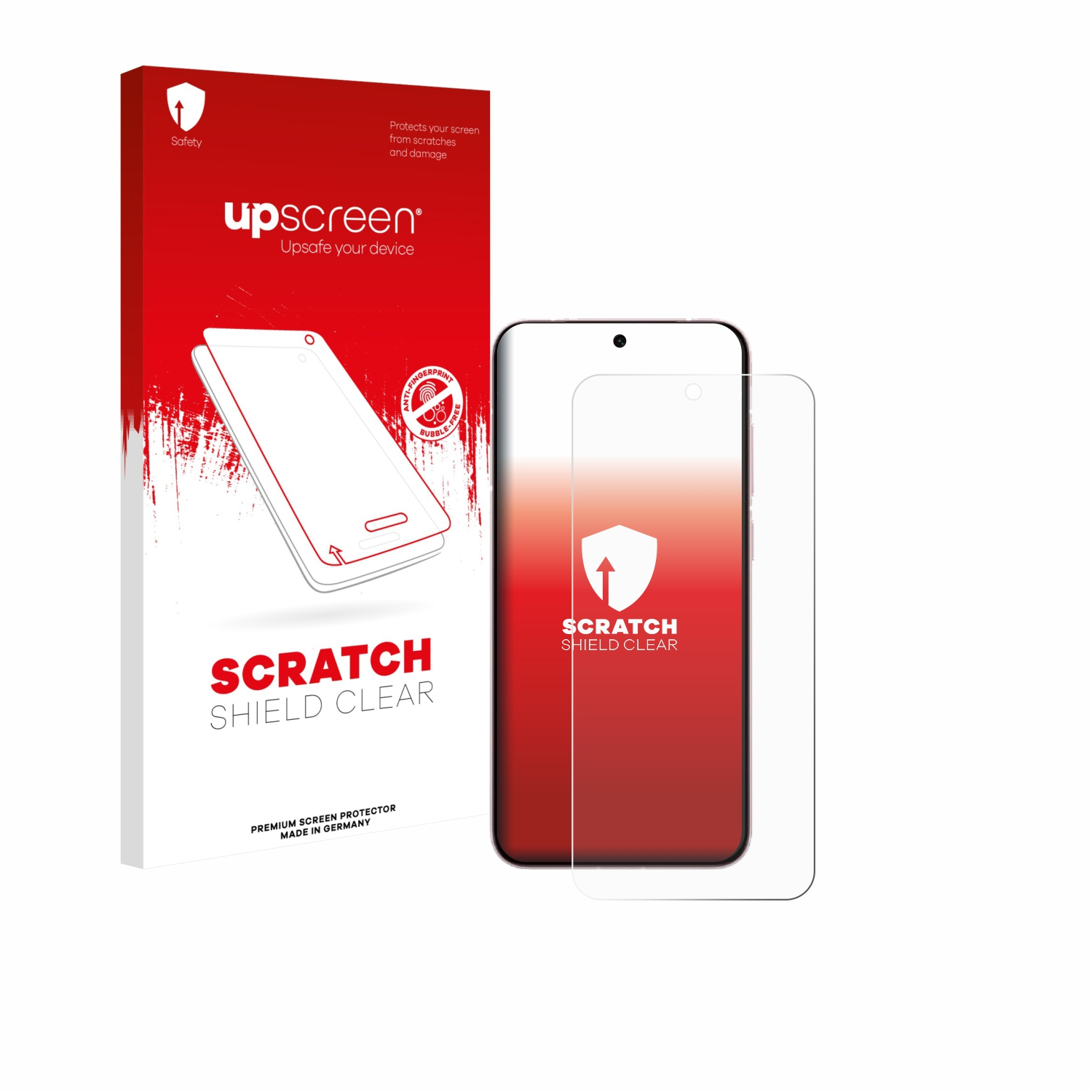 Smartphone mit Displayschutzfolie und Verpackung. Der Schutz ist klar.