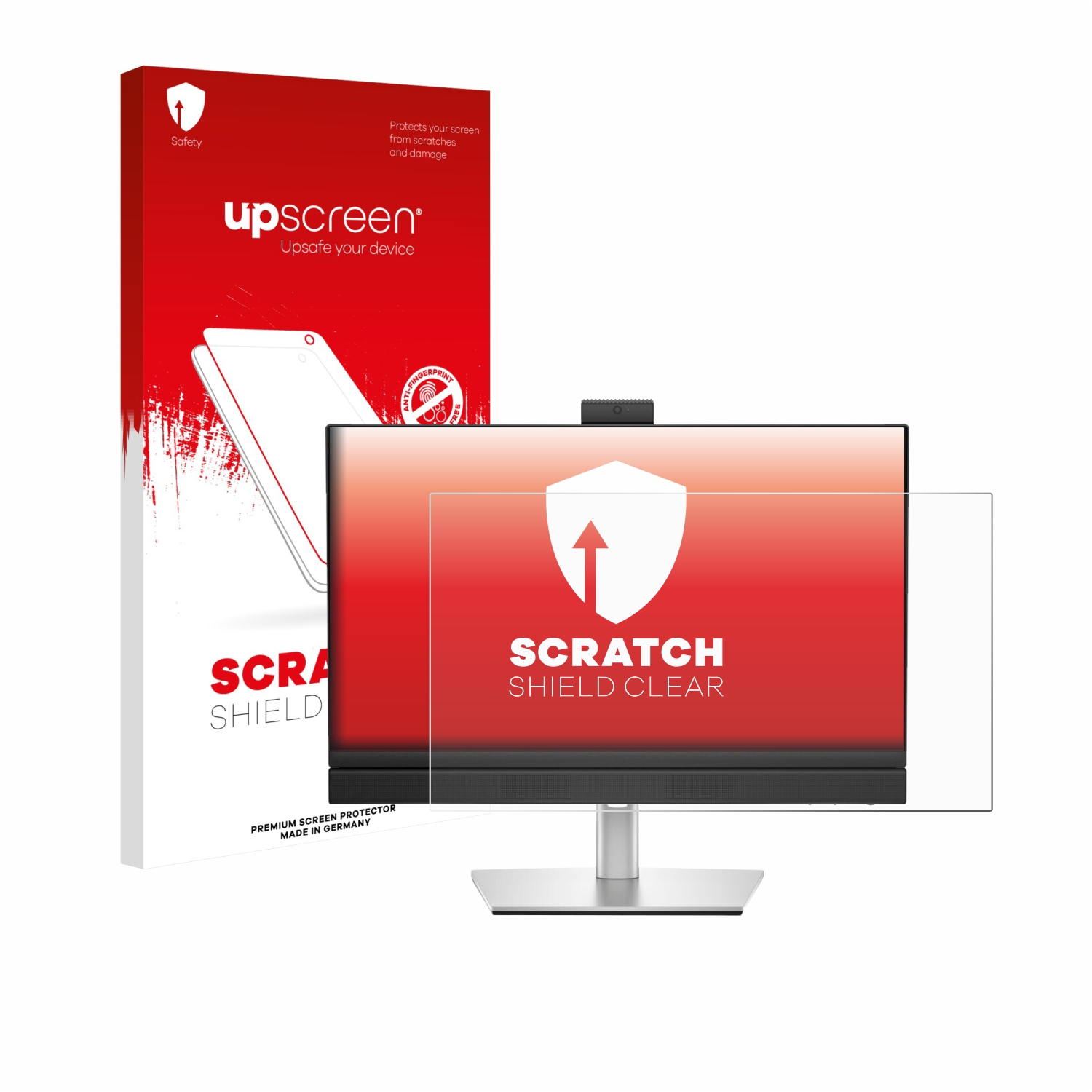 Ein Monitor, ein Displayschutz und eine Box. Die Box ist rot und weiß und trägt die Aufschrift 'Scratch Shield Clear'. Der Schutz ist klar.