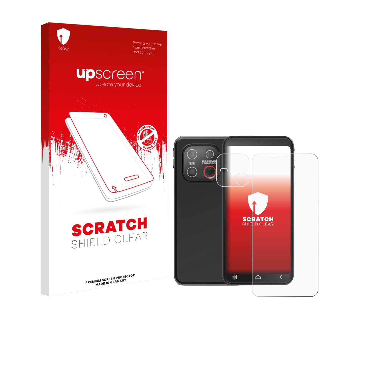 Eine Schachtel mit roten und weißen Etiketten befindet sich neben einem Telefon und einem Displayschutz. Das Telefon ist schwarz.