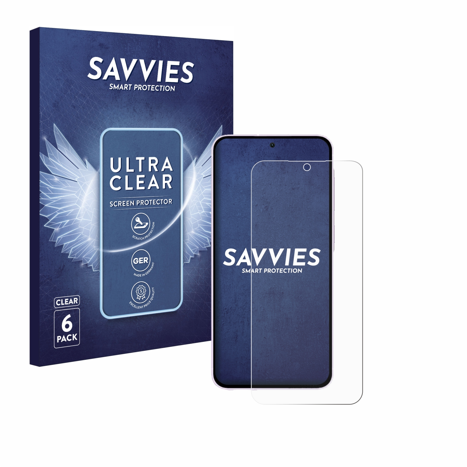 Ein Telefon mit Displayschutz und eine Schachtel mit Displayschutzfolien werden gezeigt. Der Displayschutz befindet sich auf dem Telefon.