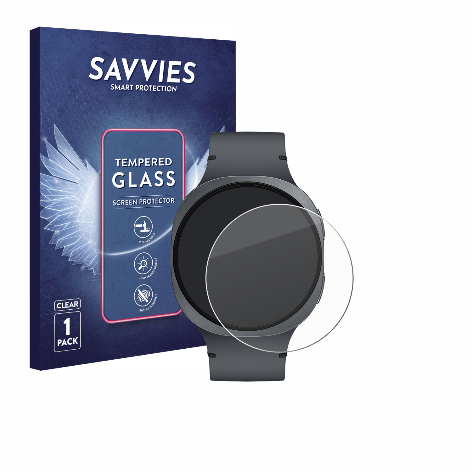 Eine Smartwatch mit Displayschutzfolie und eine Schachtel mit Displayschutzfolien.