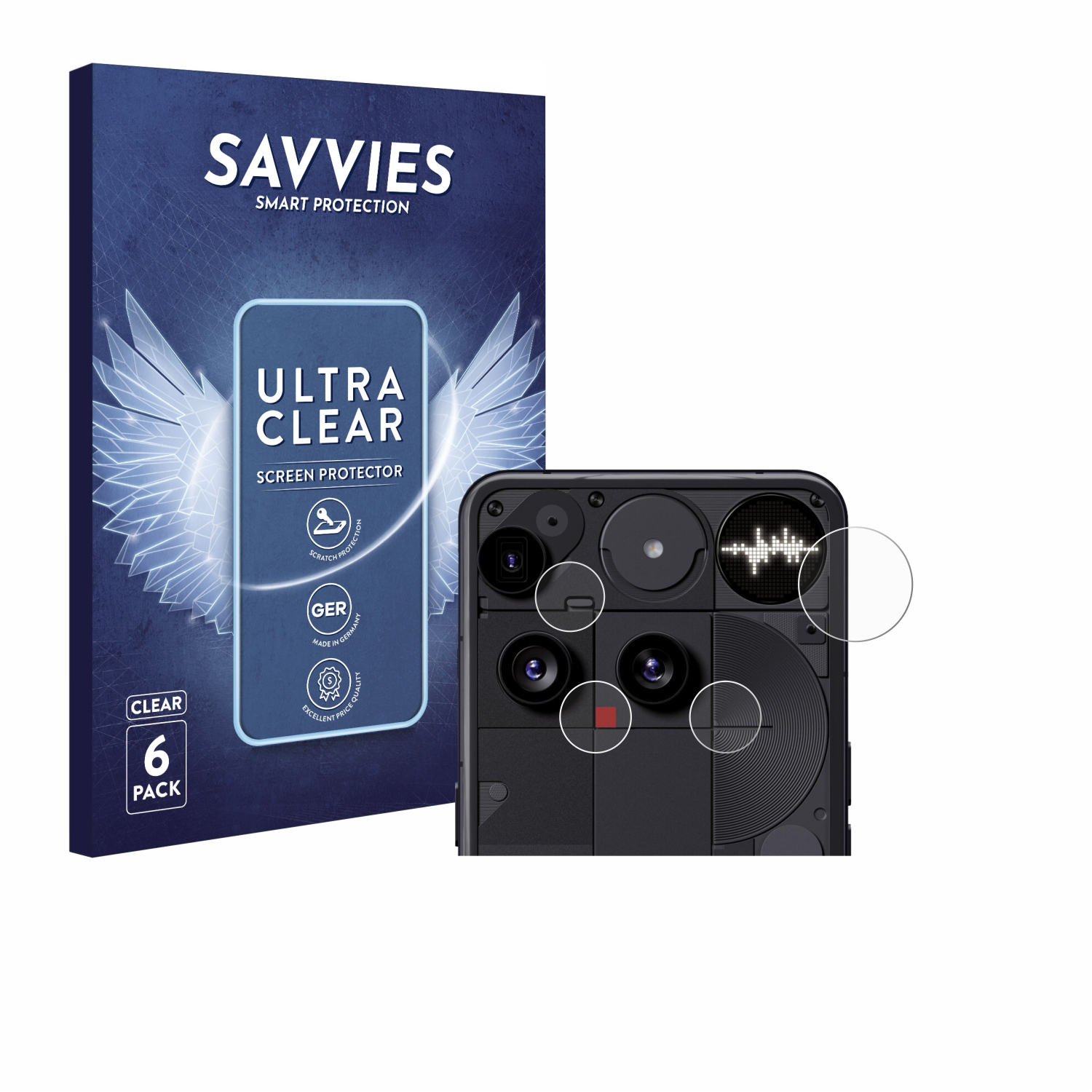 Ein Telefon mit Displayschutzfolie und eine Schachtel mit Savvies Displayschutzfolien.