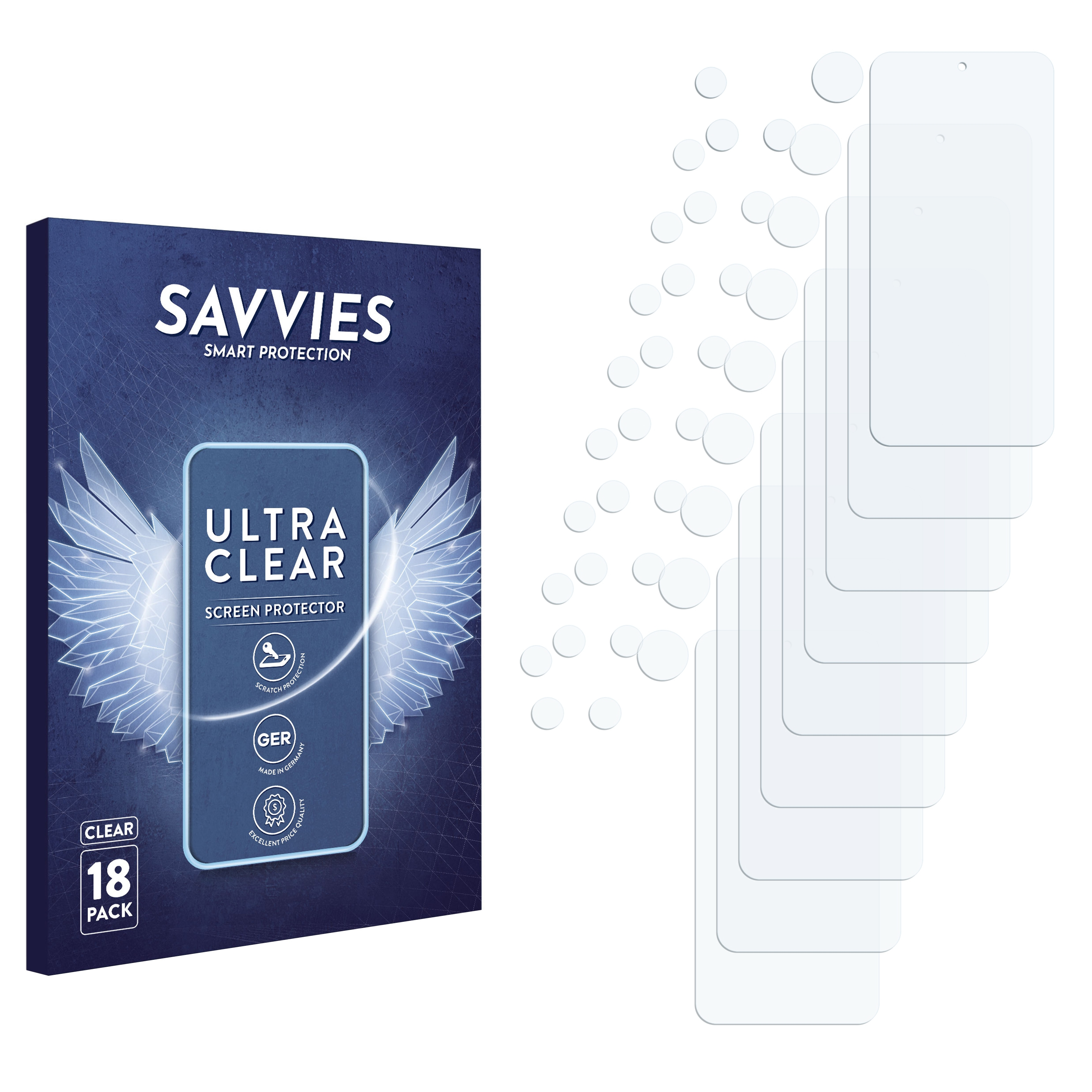 Eine Displayschutzfolienbox mit mehreren Displayschutzfolien. Die Schutzfolien sind transparent und in einer Gruppe angeordnet.