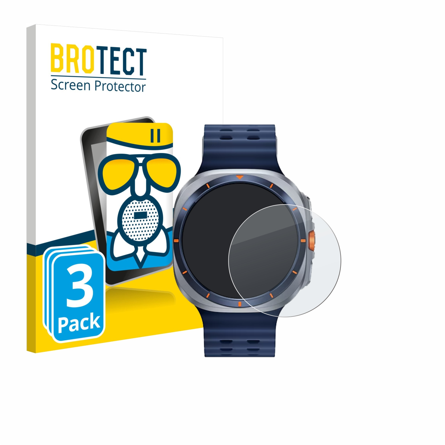 Bild zeigt eine Displayschutzfolienbox, eine Smartwatch und eine Displayschutzfolie. 3er-Pack.