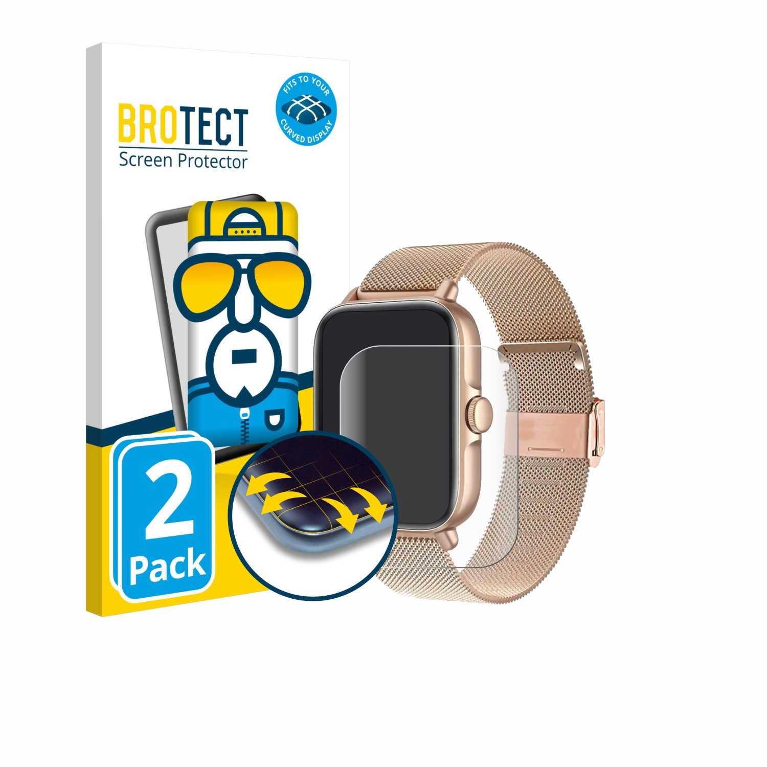 Eine Smartwatch mit Displayschutzfolie und Verpackung, alles auf weißem Hintergrund.