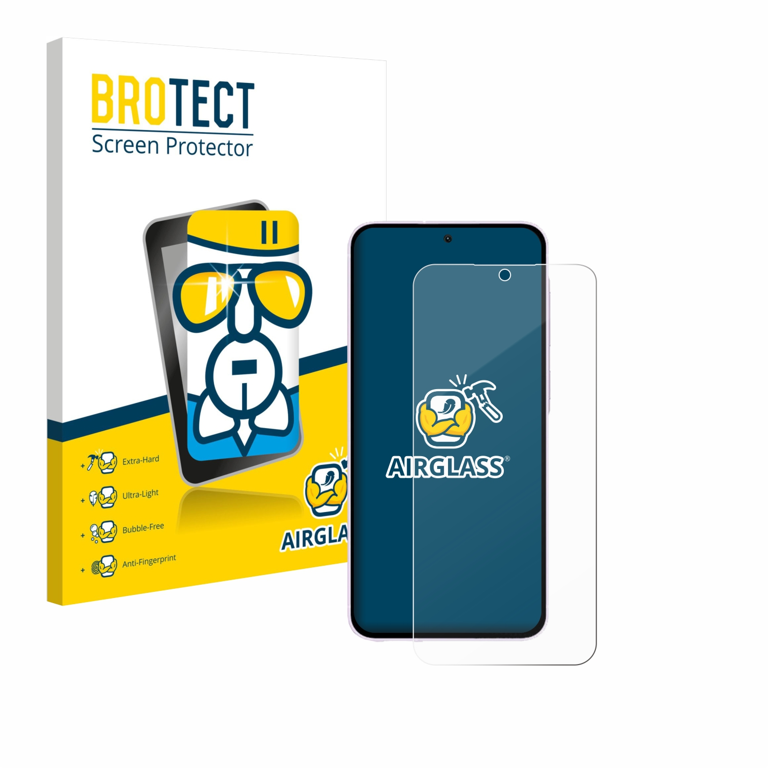 Ein Smartphone mit Displayschutz wird mit seiner Box angezeigt. Airglass steht auf dem Bildschirm.