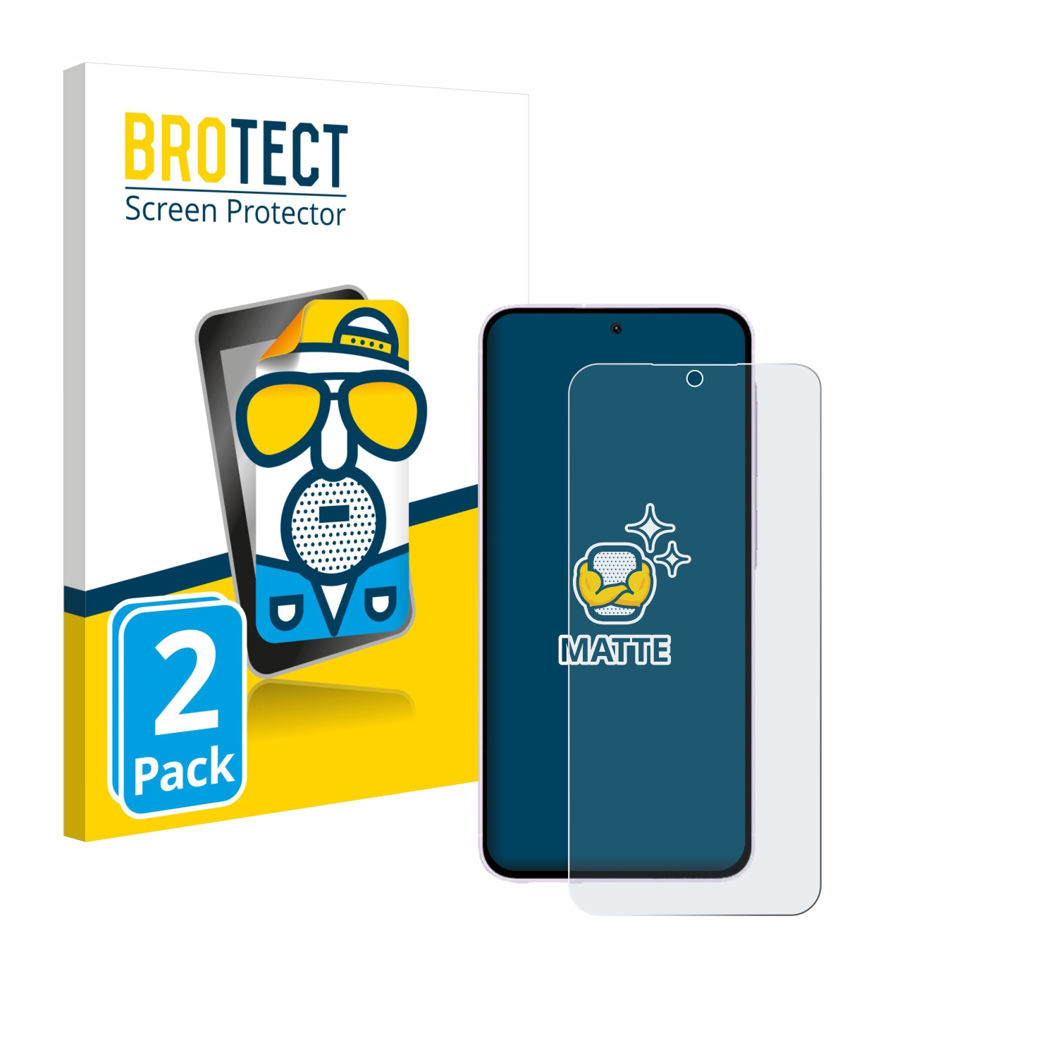 Eine Displayschutzfolienbox und ein Telefon mit Displayschutzfolie. Die Box hat 'BROTECT' und 'MATTE'.