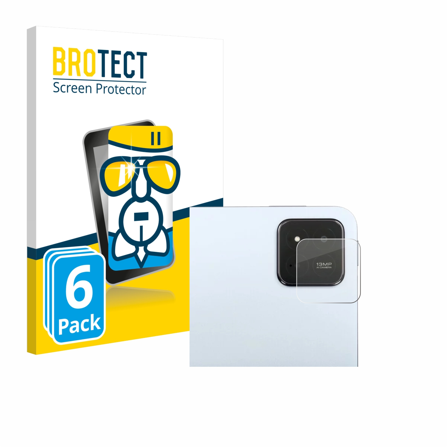 Telefon mit Displayschutzfolien und Verpackung. Die Verpackung zeigt die Marke und Produkteigenschaften. Weißer Hintergrund.