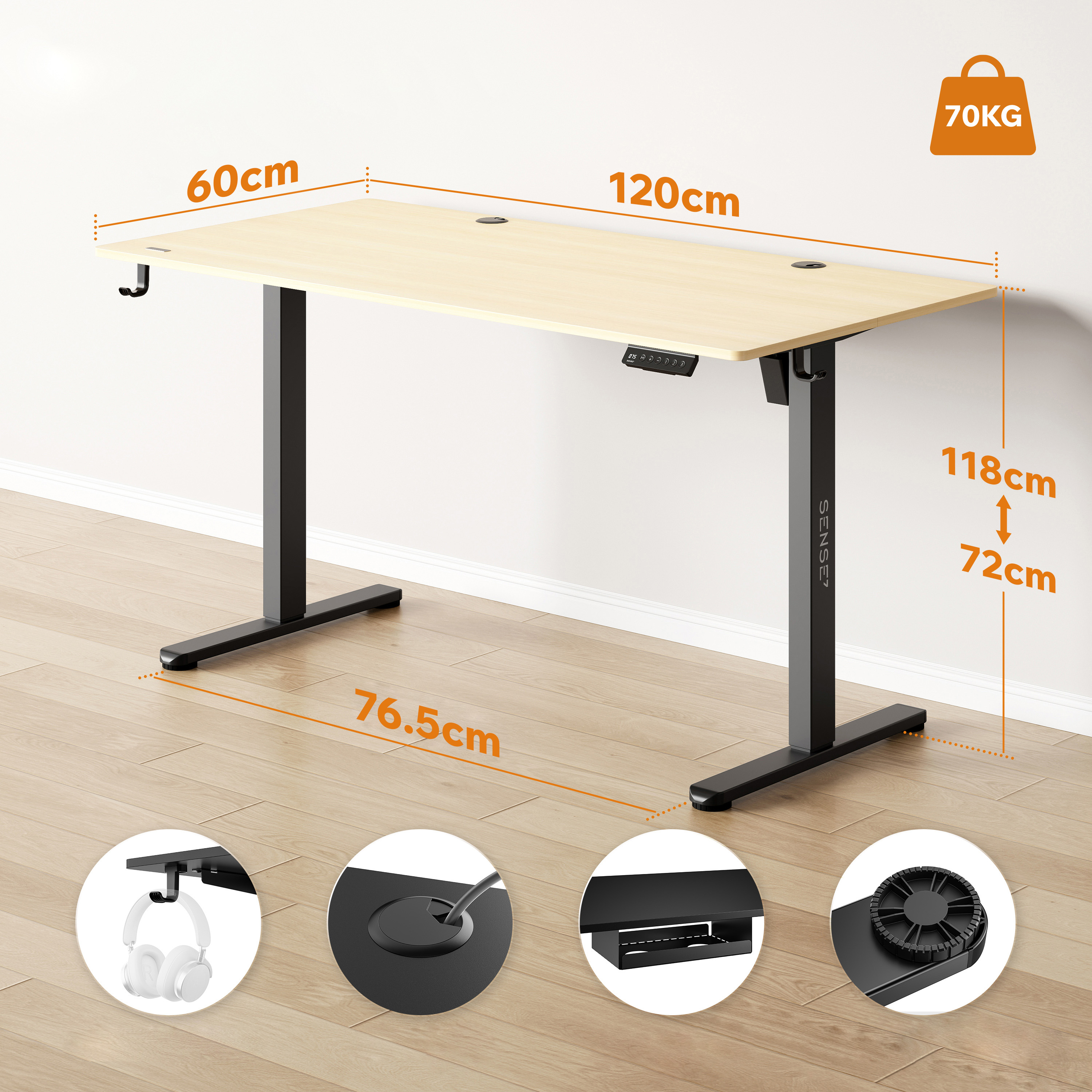 Scrivania regolabile con dimensioni ed etichetta del peso. La scrivania ha un piano in legno chiaro e gambe nere.