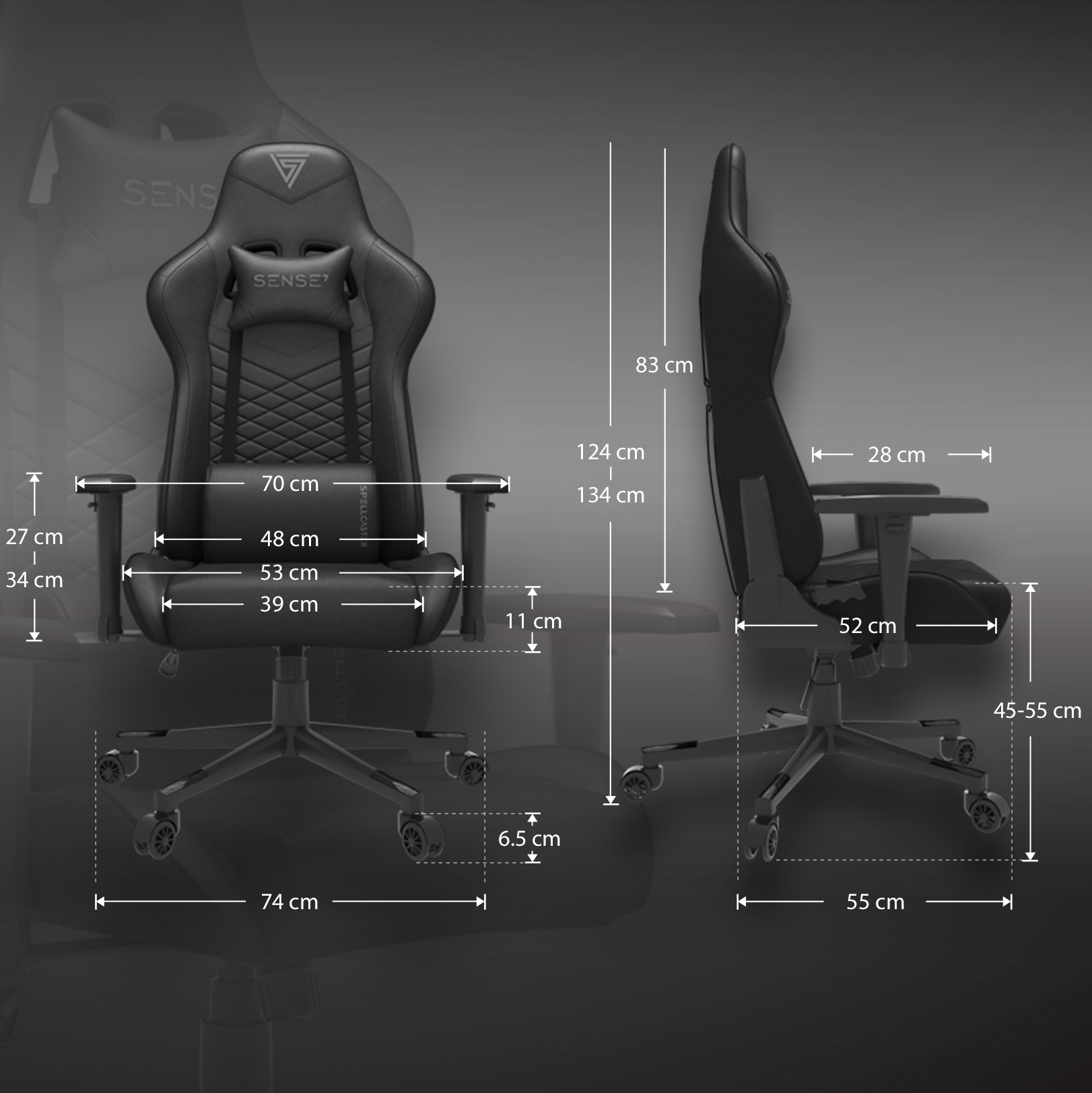 Gamingstoel van opzij en van voren met afmetingen in centimeters.
