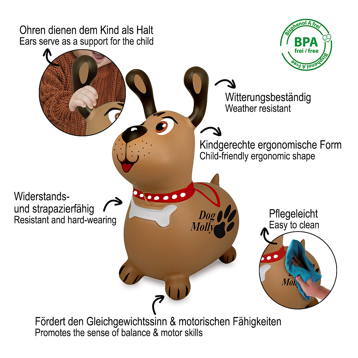 Ein braunes hundeförmiges Spielzeug mit rotem Halsband. Text auf dem Spielzeug. Weißer Hintergrund.