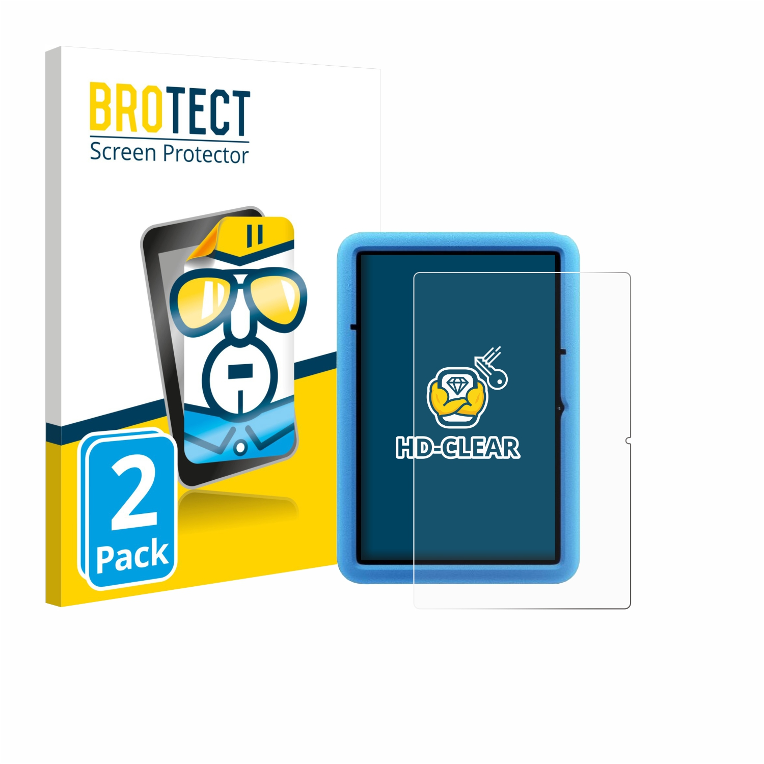 Ein Bild zeigt ein Tablet mit Displayschutzfolie und eine Schachtel mit der Aufschrift Brotect Screen Protector.